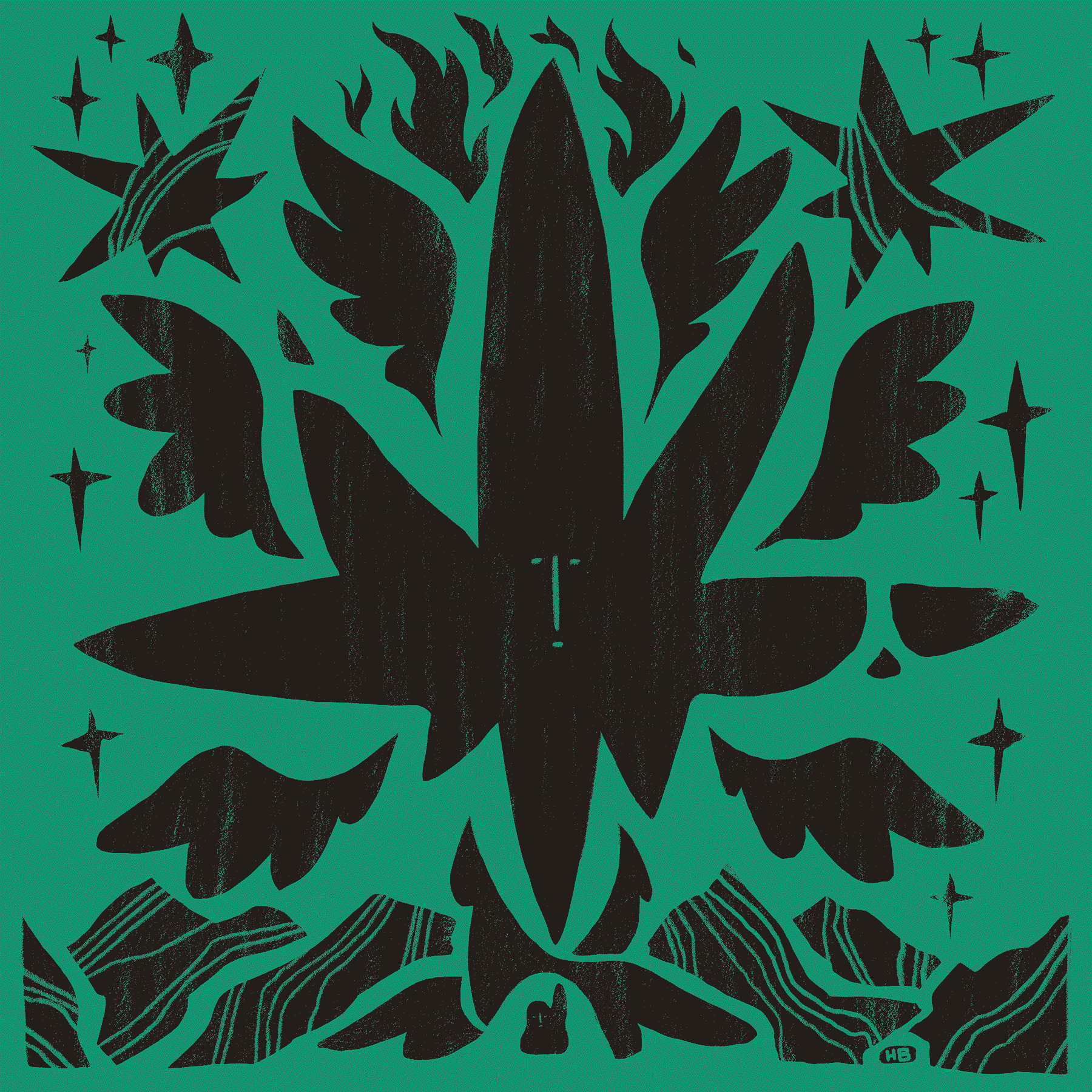 A massive, star-like entity surrounded by wings descends upon a worshipper. The scene is in black on a green field.