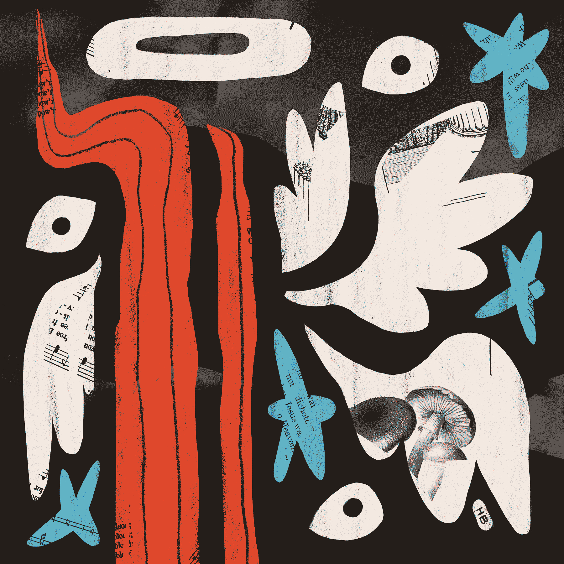 An abstract waterfall of blood is surrounded by a halo, wings, eyes, and stars. Collage of hymnnal pages, Evangelical literature, and mushrooms are scattered throughout the piece.