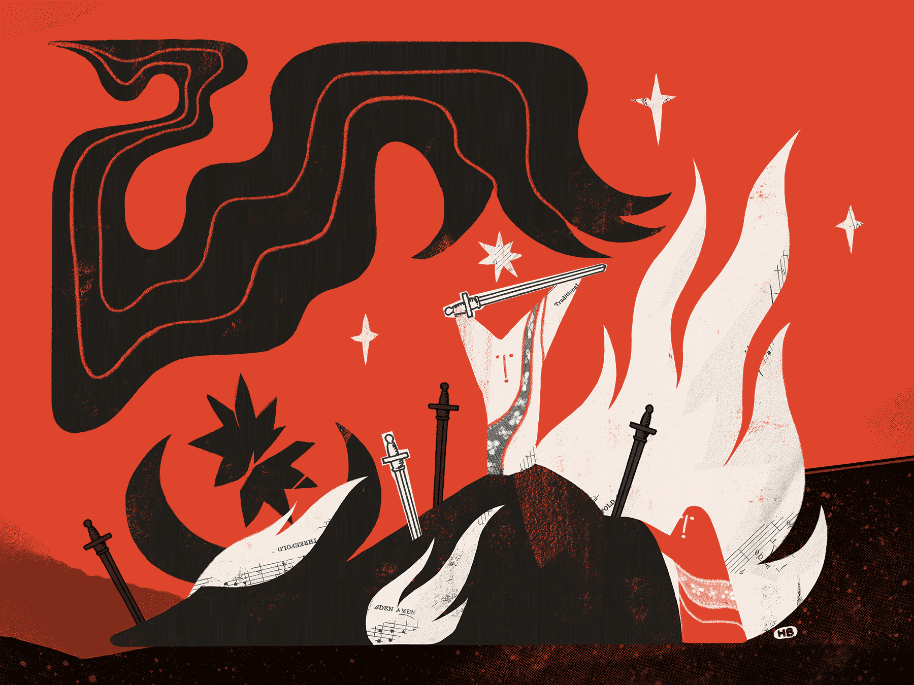 A black, white, and red piece where two figures have slain a massive, flaming bull. One stands upon its body holding up a collaged sword.