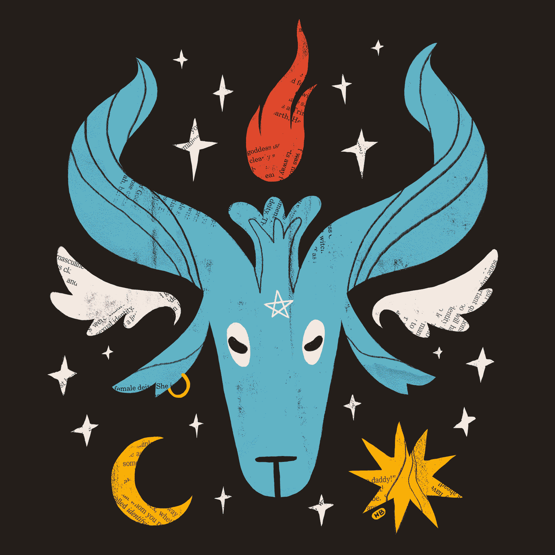 A blue goat with a lit torch emerging from its forehead. It's surrounded by flame, stars, wings, a sun, and a moon.