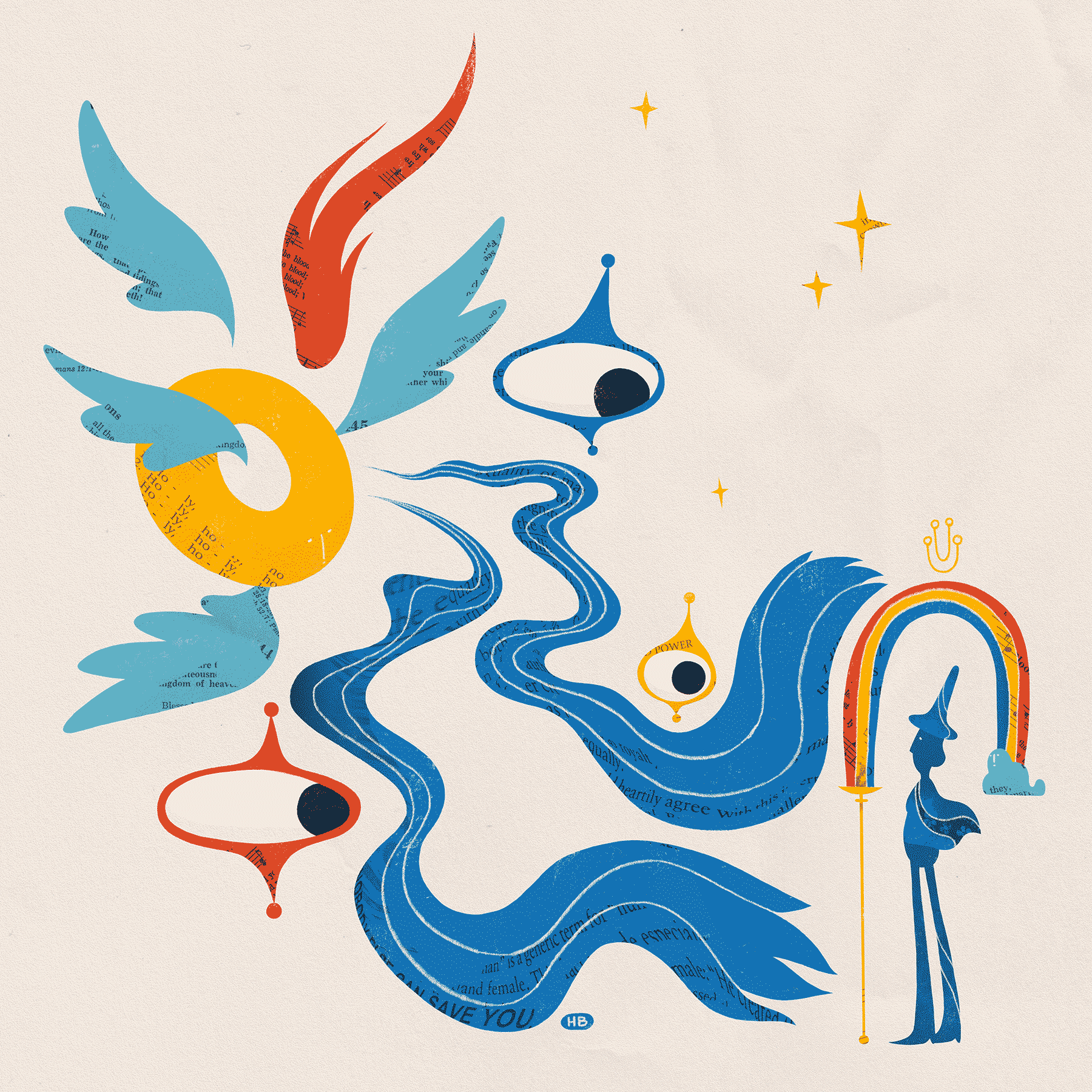 Āyen, a blue wizard-like figure, surrounds themselves witha protective rainbow and confronts an angelic entity. The angel has hands like rivers, floating eyes, and a ring-like body with four wings.