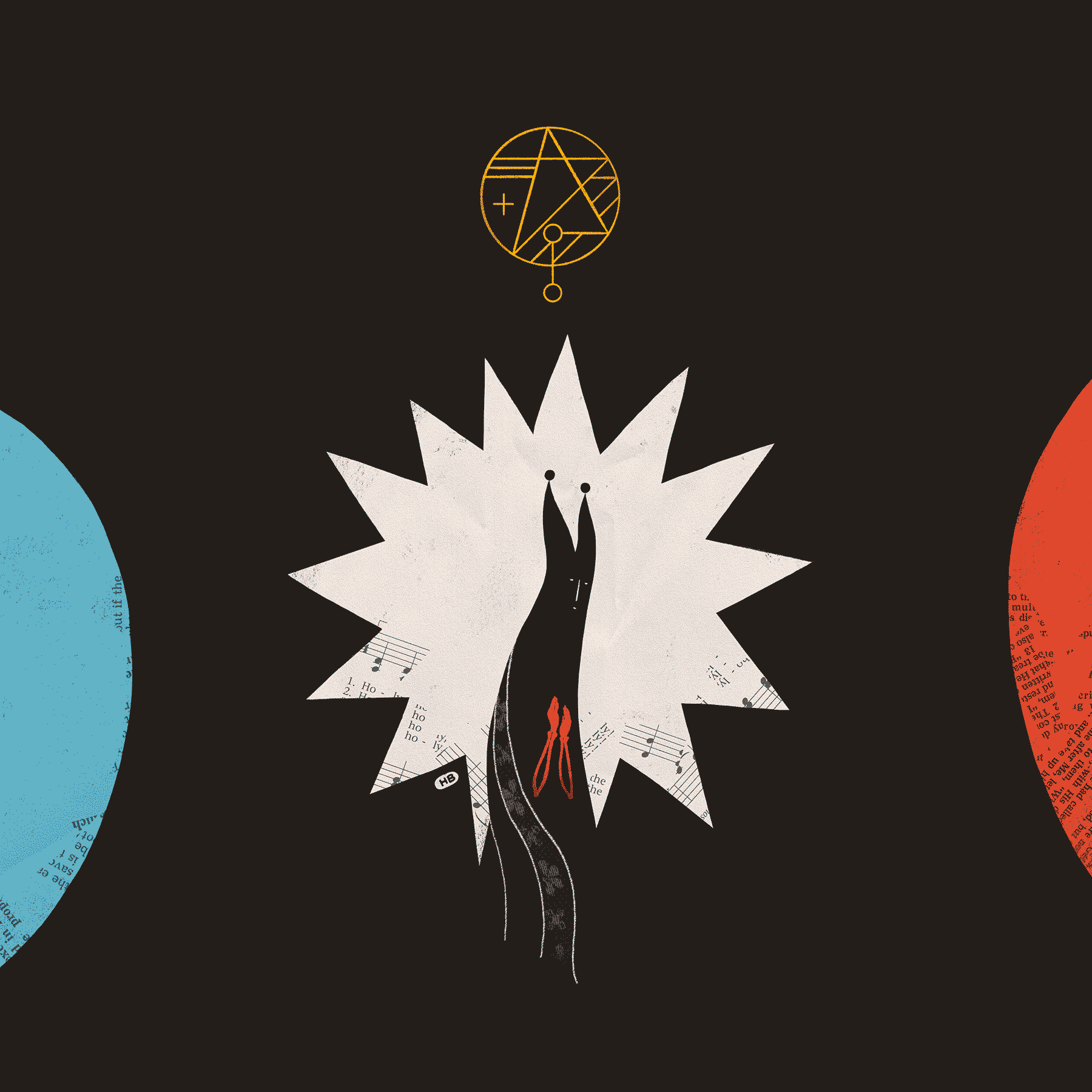 The Hierophant prays inside of a star shape, underneath a sigil. On either side are blue and red abstract shapes.