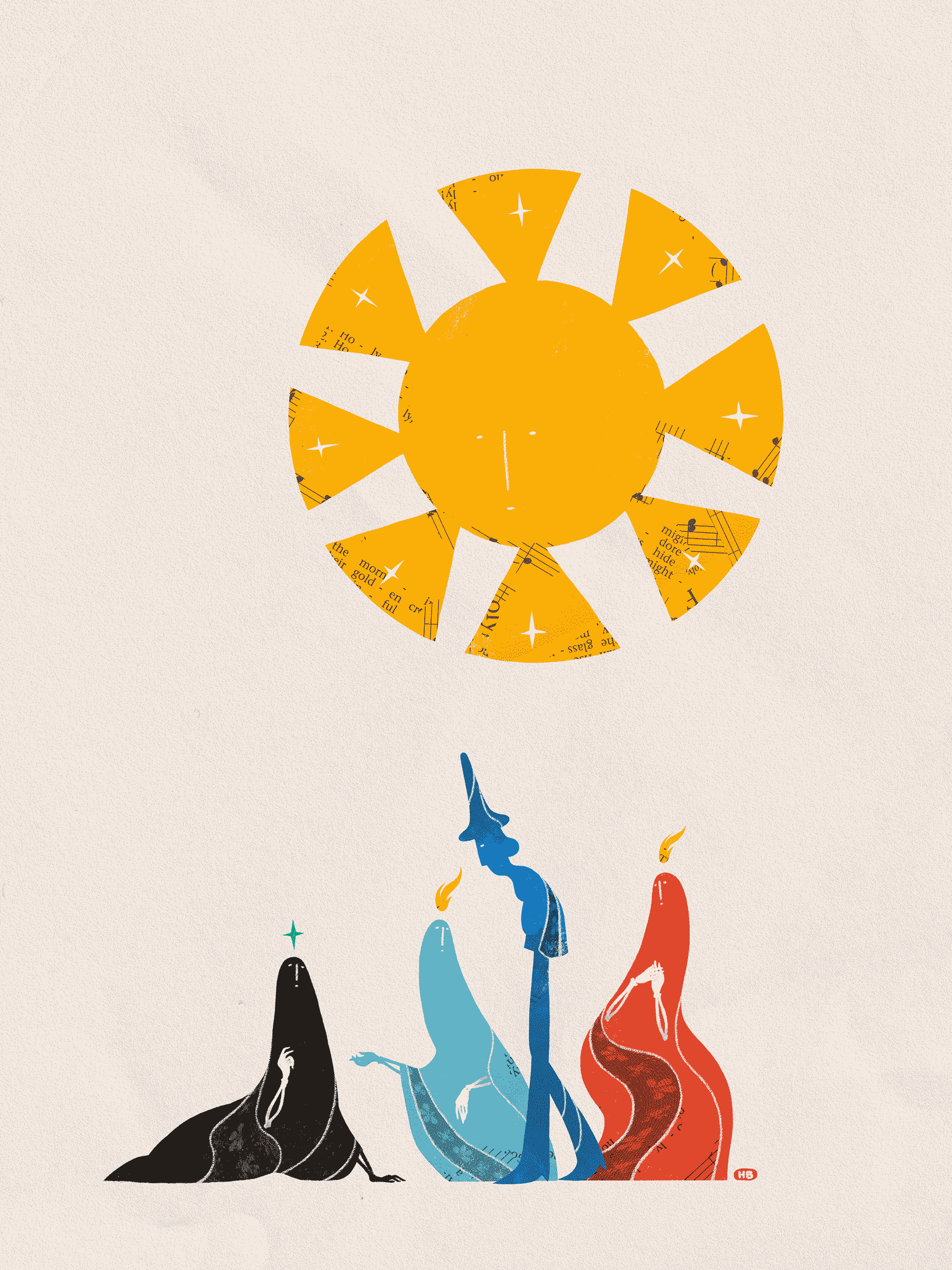 Āyen, a blue, wizard-like figure, inspects a saint that has turned black and now has a green star over their head. This is unlike the other saints who have a flame. A sun-like figure overhead dominates the composition.