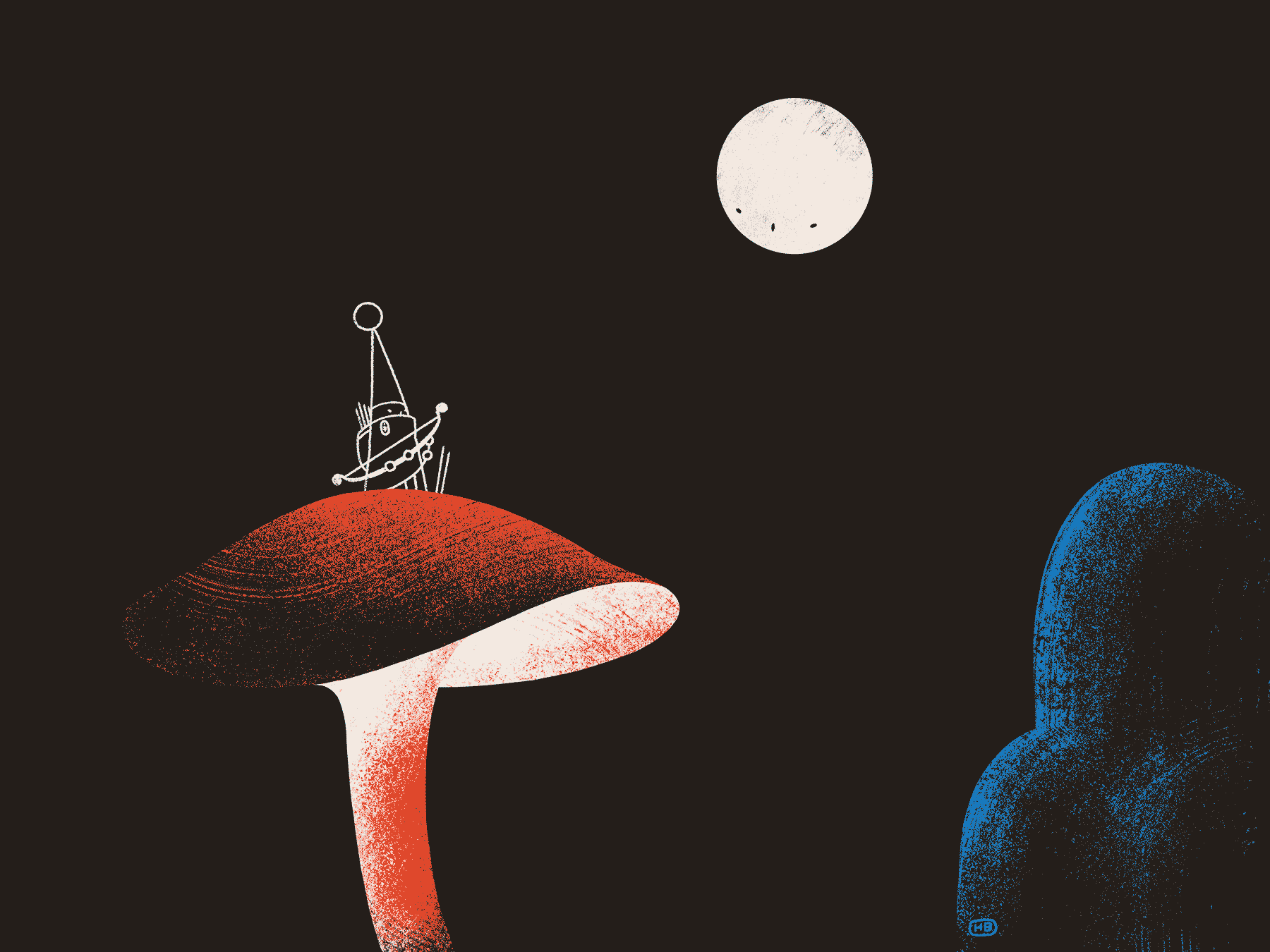 A lone archer stands on a mushroom and looks out into the night.