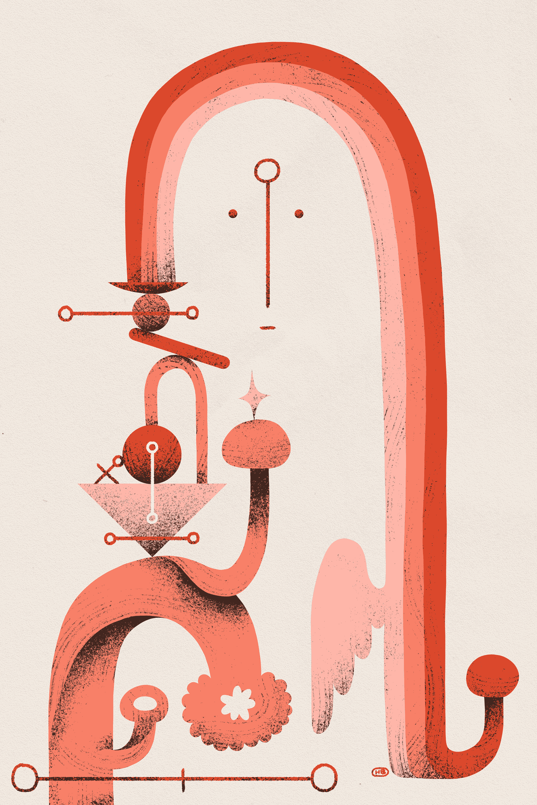 A pink archway resembling a face is propped up by a haphazard stack of sigils and shapes.