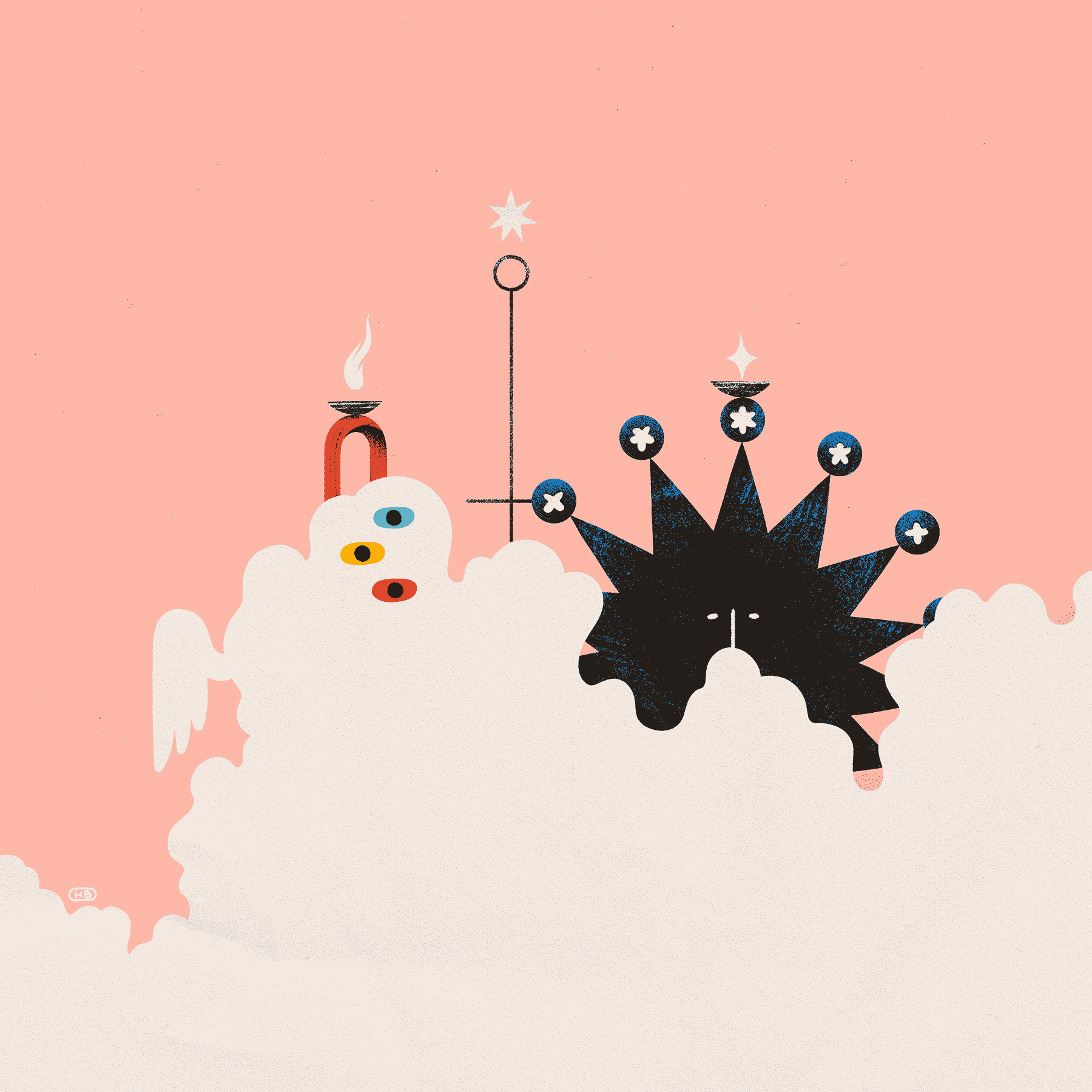 A dark, star-like entity peers from behind clouds on a pink sky. Nearby are multi-colored eyes, a red arch, and a sigil.