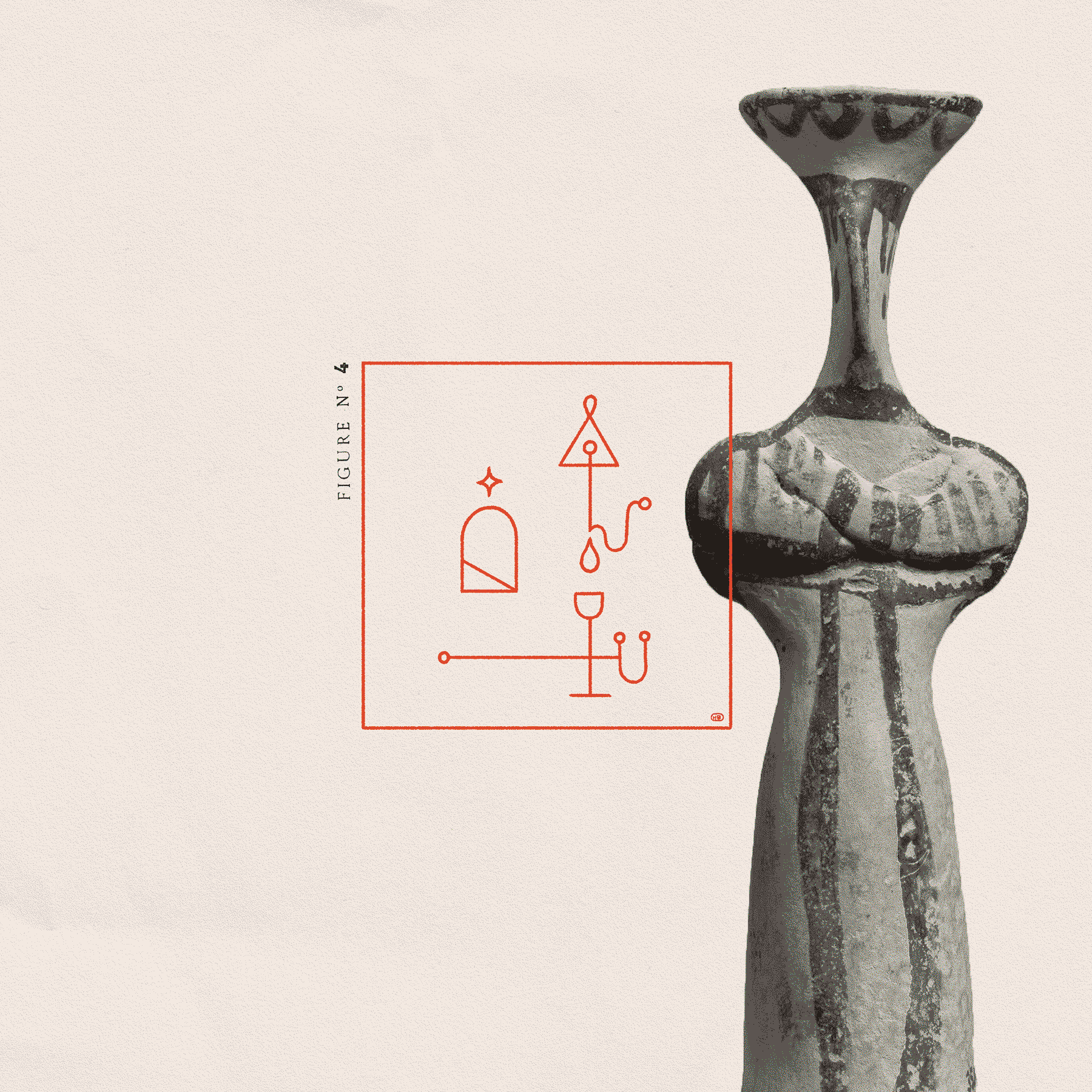 A photograph of a Mycenaean terracotta figure with crossed arms and a flattened head overlaid with a red series of sigils resembling ritual instructions.