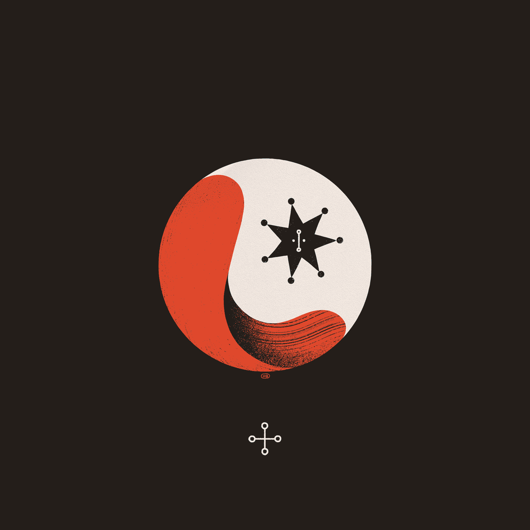 A white sphere partially filled with a moving blob of red liquid. I black star floats within, and a white, cross-like sigil can be seen below.