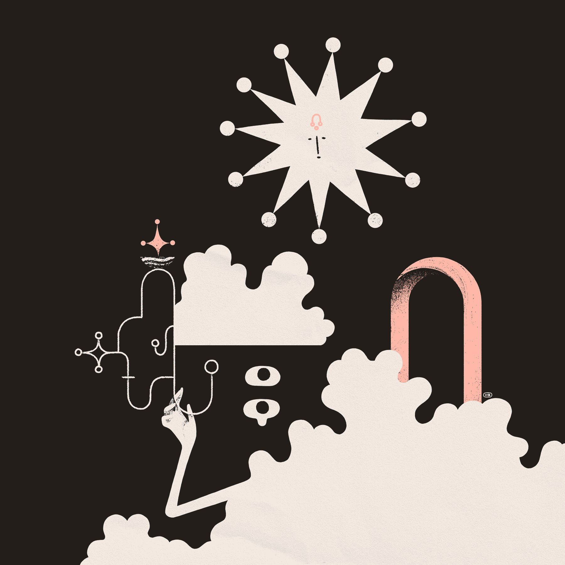 A cloud-like entity draws a sigil as a demonstration to a star-like entity. Both are near a pink archway.