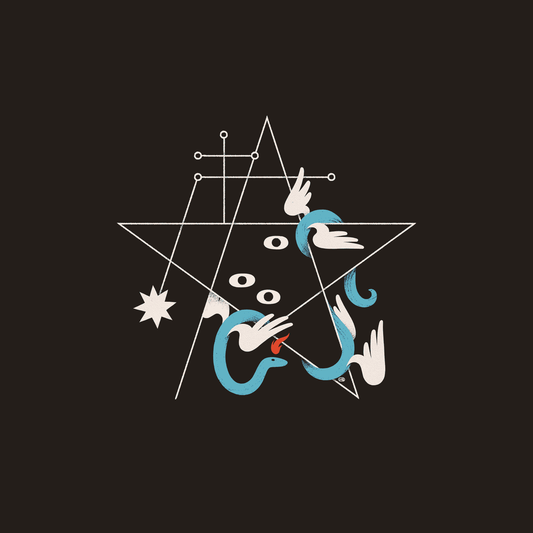 A blue, winged serpent winds through an incomplete pentacle sigil. Eyes peer from the center of the sigil.