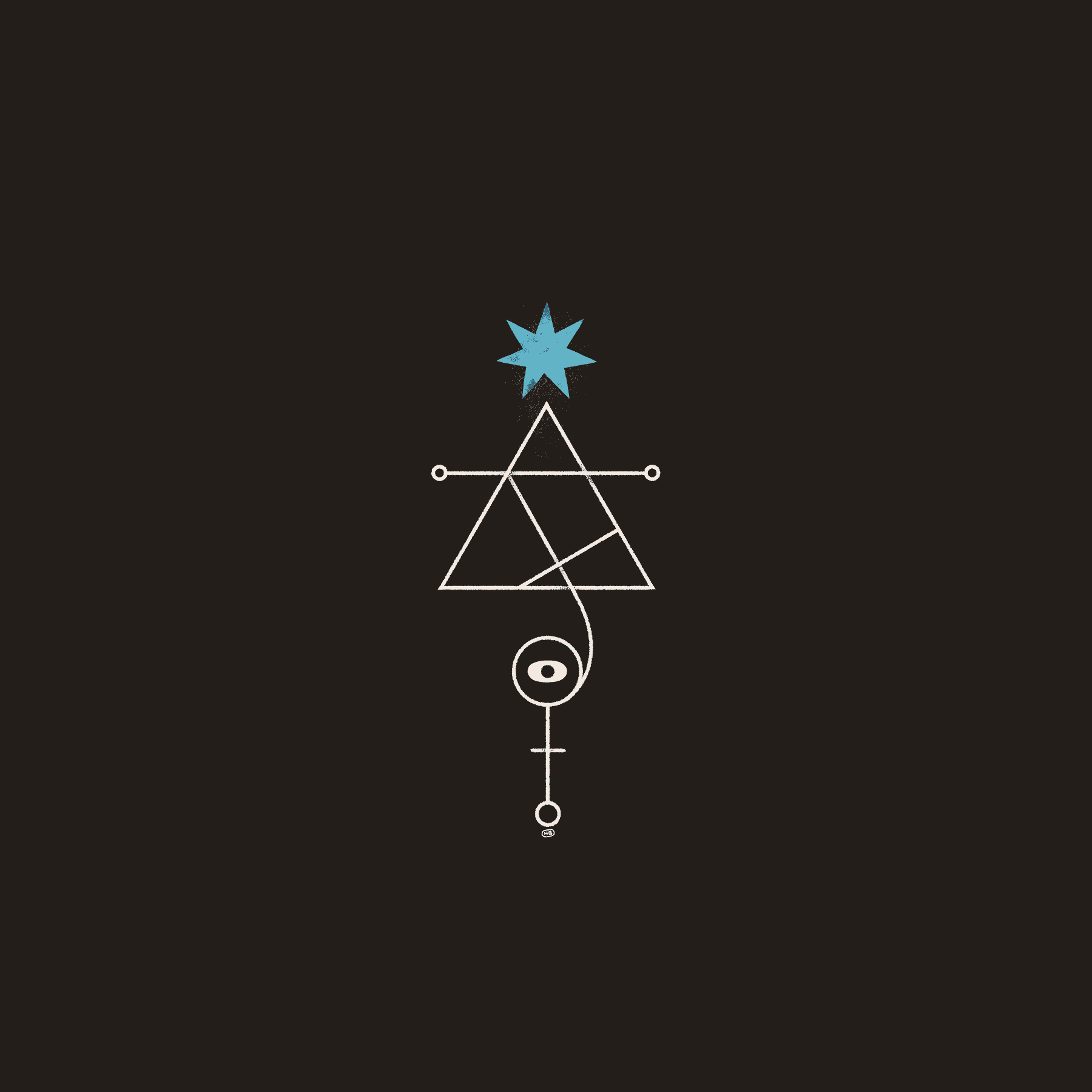A trigular sigil floats in a black void with a blue star above and an eye near the bottom.
