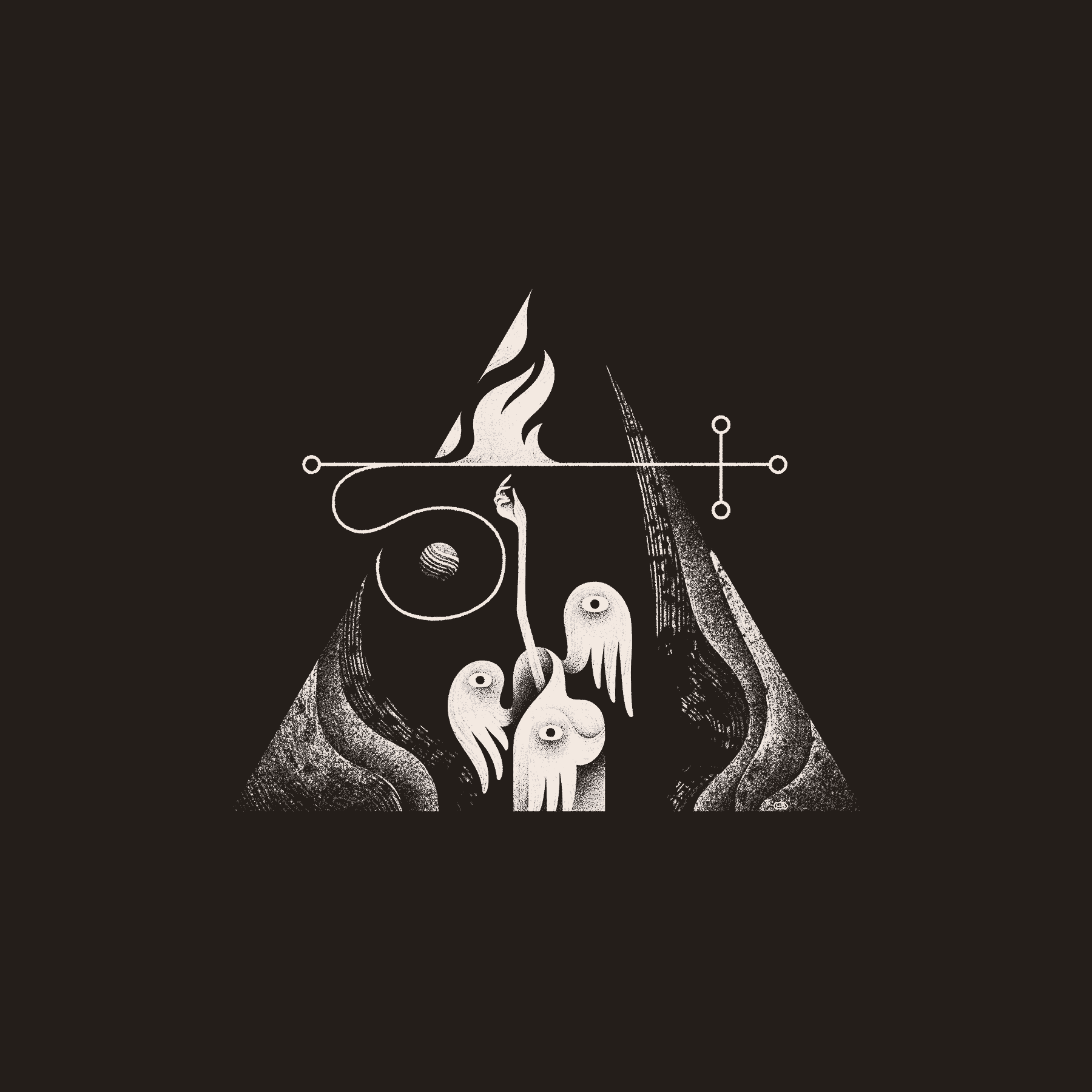 A winged figure holds a flaming sigil aloft within a small, triangular composition.