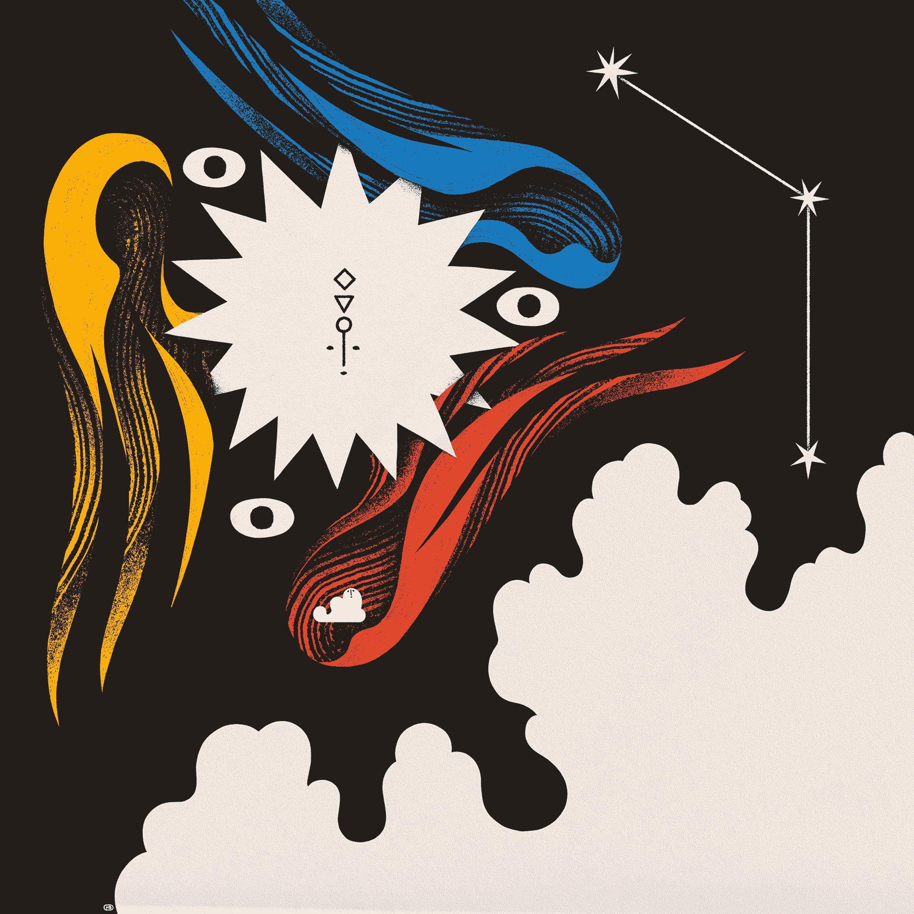 A sun-like entity with three, promary-colored wings floats above a cloudscape. They are met by a small, cloud-like entity in front of a constellation.