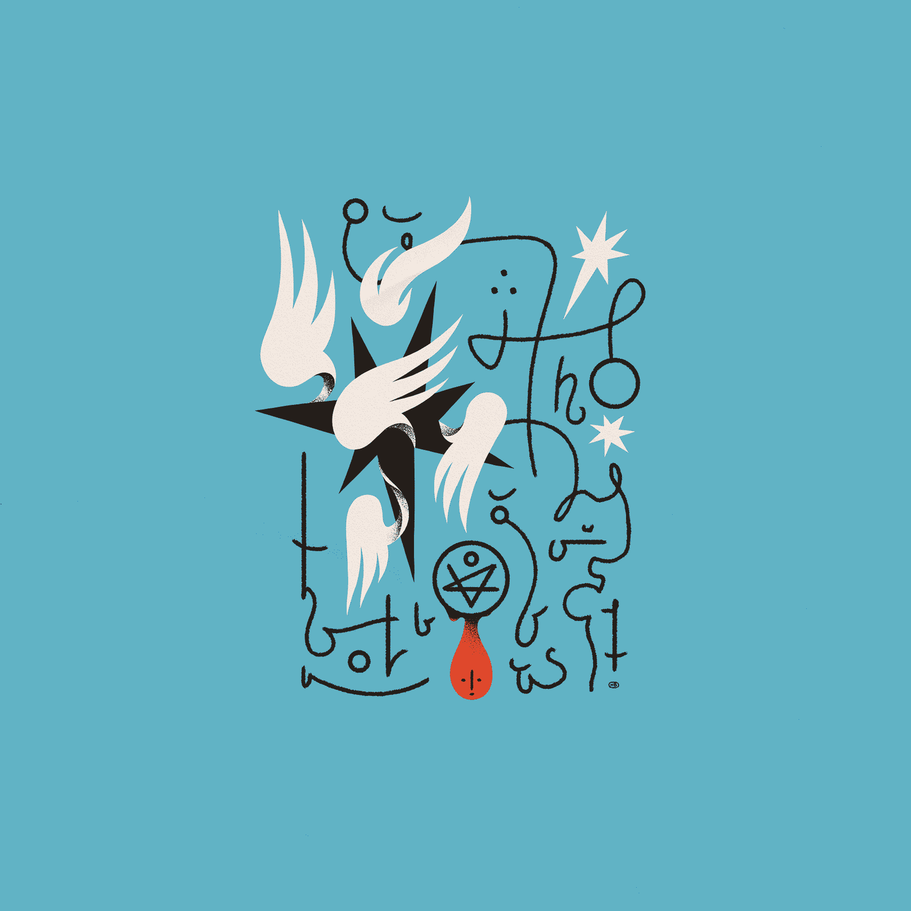 A many-winged, star-like angel presides over a sigil on a blue background. Below, a drop of liquid forms with a face on it.