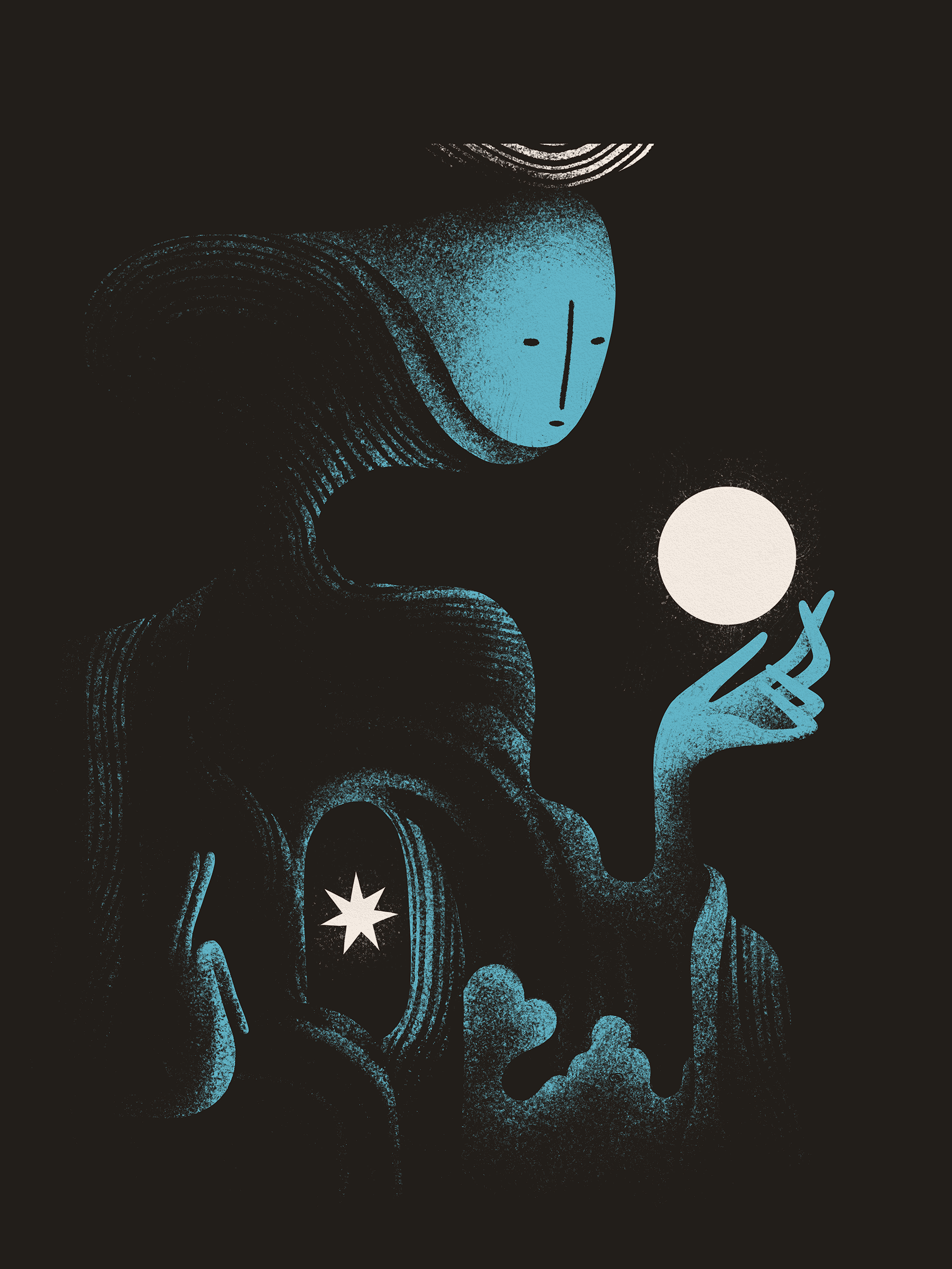 A blue, abstract entity contemplates an orb above their hand. Their chest is open, with a star inside, and a bowl rests upon their head.