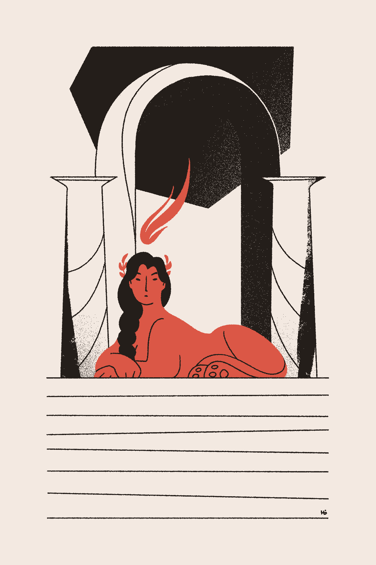 A red sphinx-like cherub reclines at the top of a stairway. Behind her are columns, an arch, and a glimpse of the Throne.