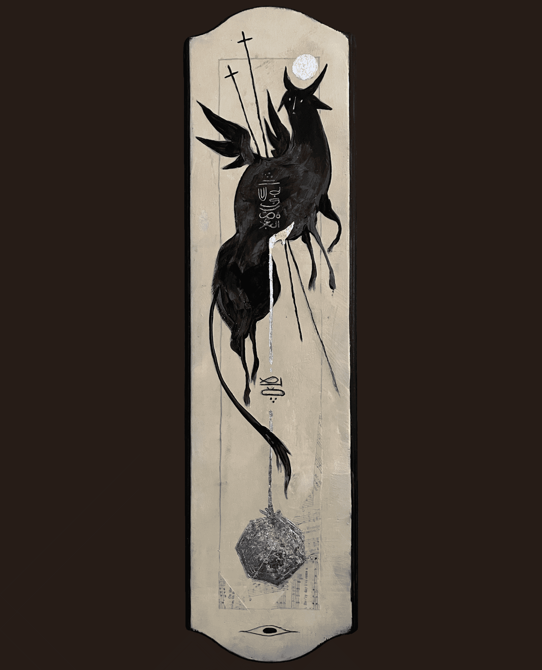 A five-legged, horned, winged beast flies upward, glancing back at their body impaled by two crosses. Their blood runs silver and gold down the composition, filling a heptagonal shape at the bottom. Collage is scattered around the heptagon, and text in Wormrōte reads 'I was once a wild beast, brought low'.
