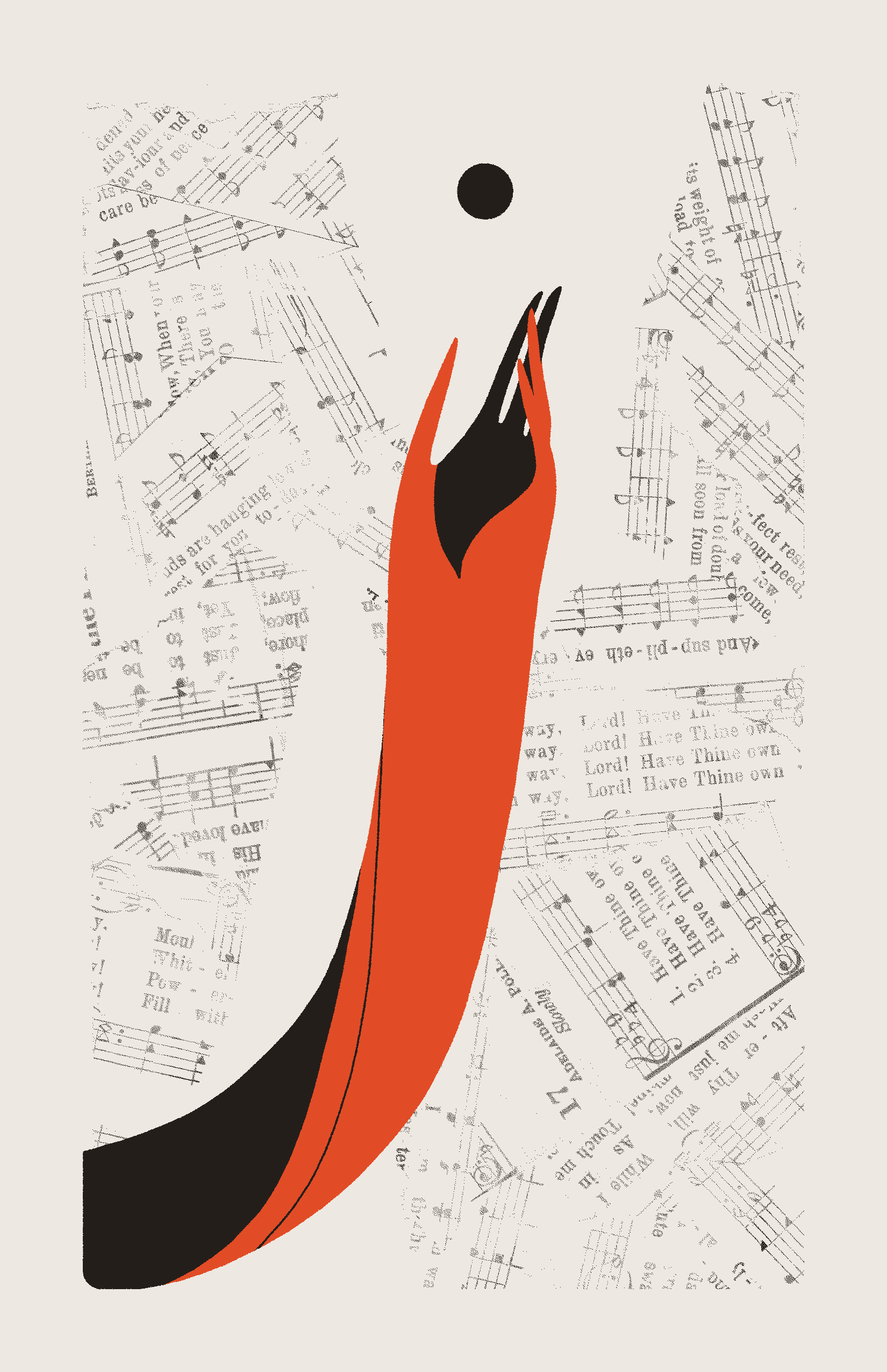 A single red hand reaching upward toward a black circle. The background is filled with collaged sheet music.