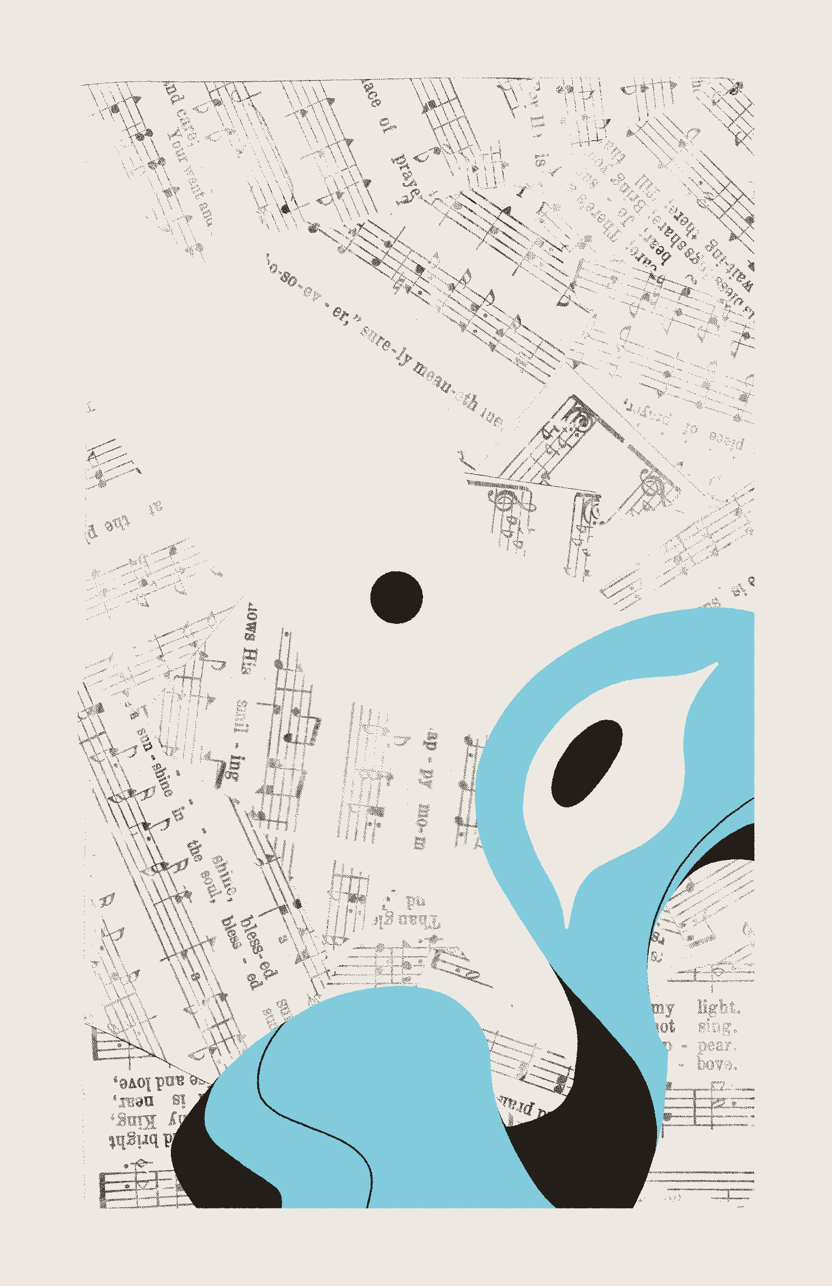 A blue, ribbon-like entity gazes at a black circle with one eye. The background is filled with collaged sheet music.