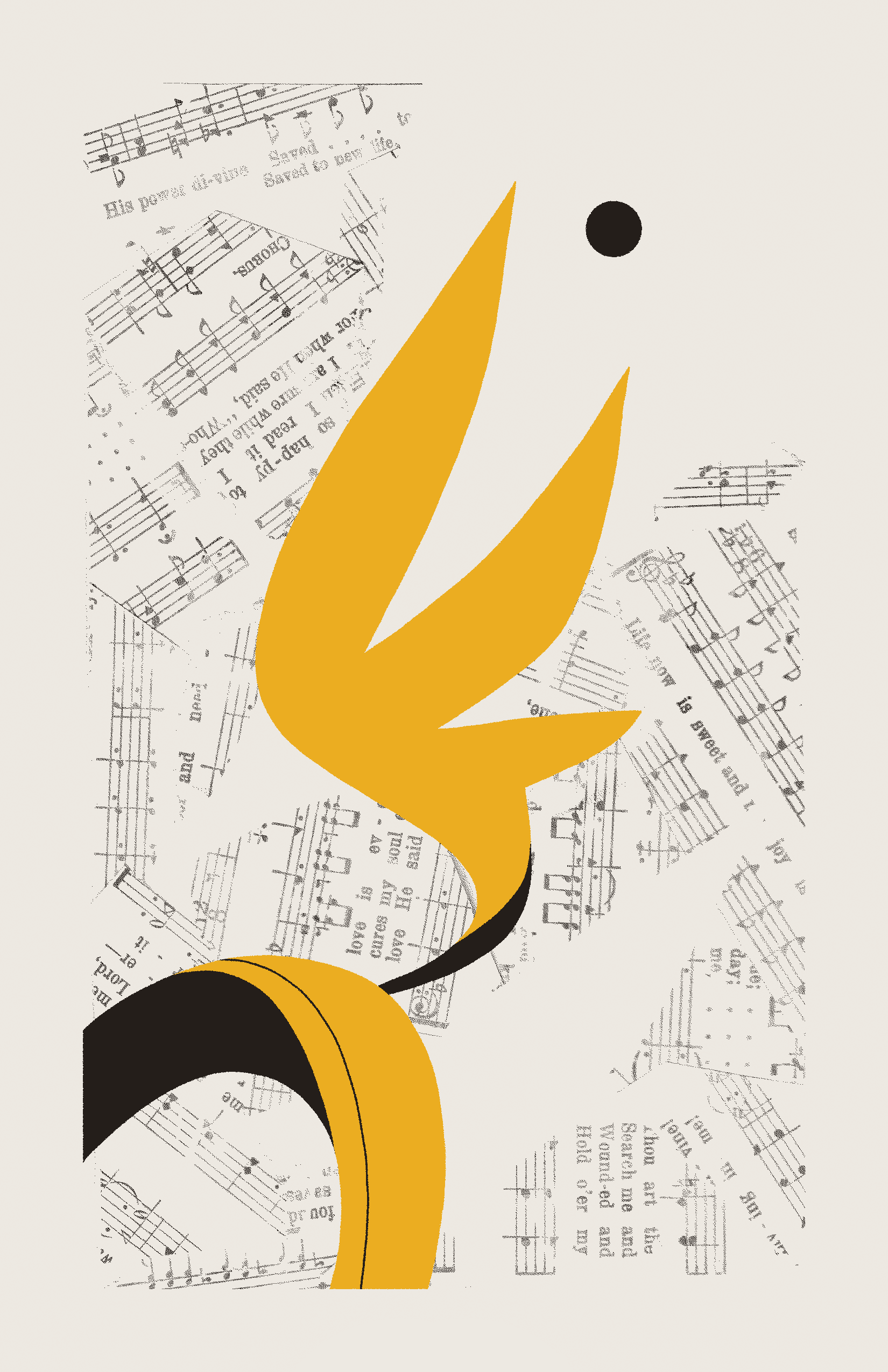 A yellow, ring-like entity raises a single wing toward a black circle. The background is filled with collaged sheet music.