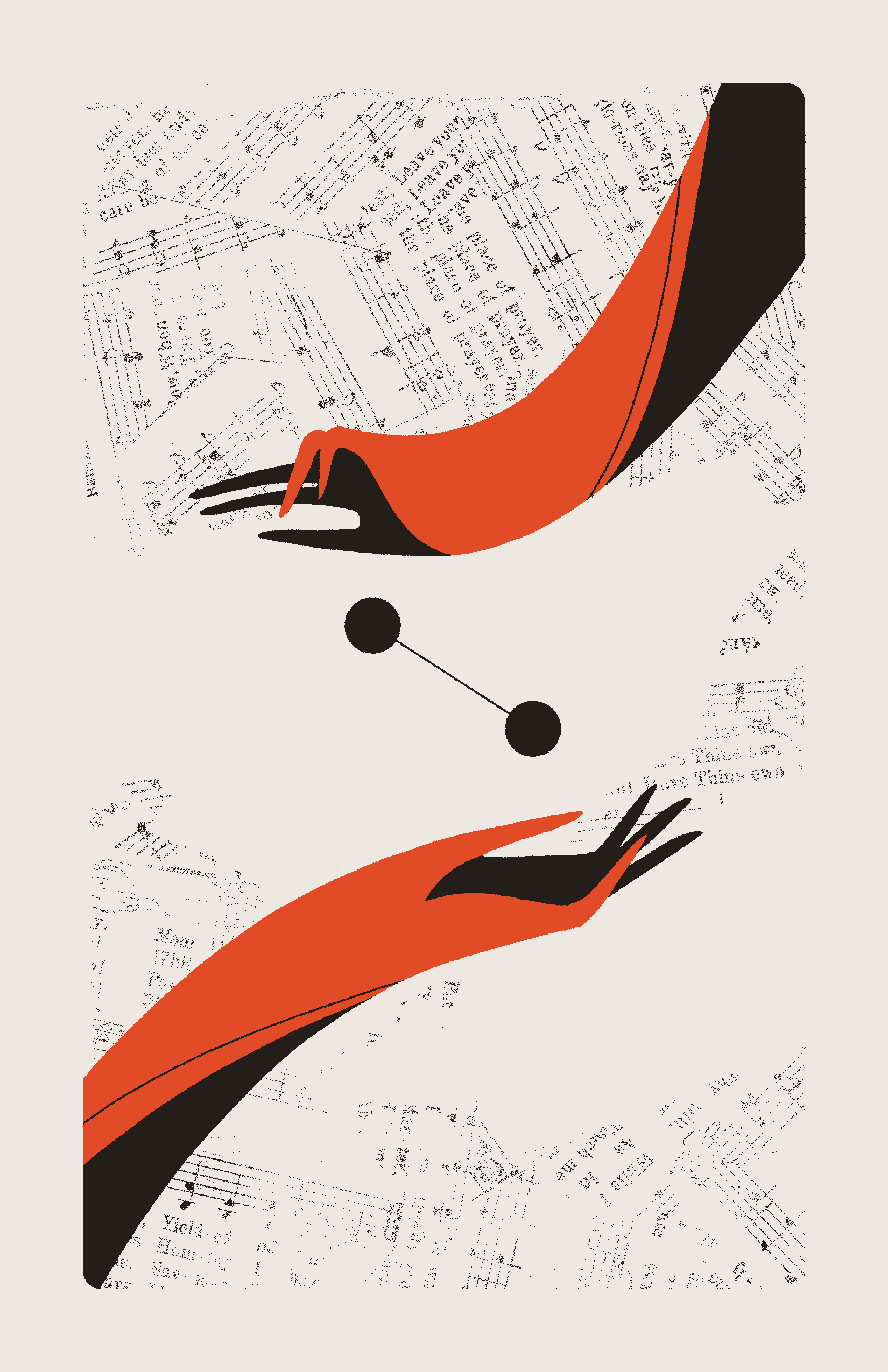 Two red hands gesture around two connected black circles. The background is filled with collaged sheet music.