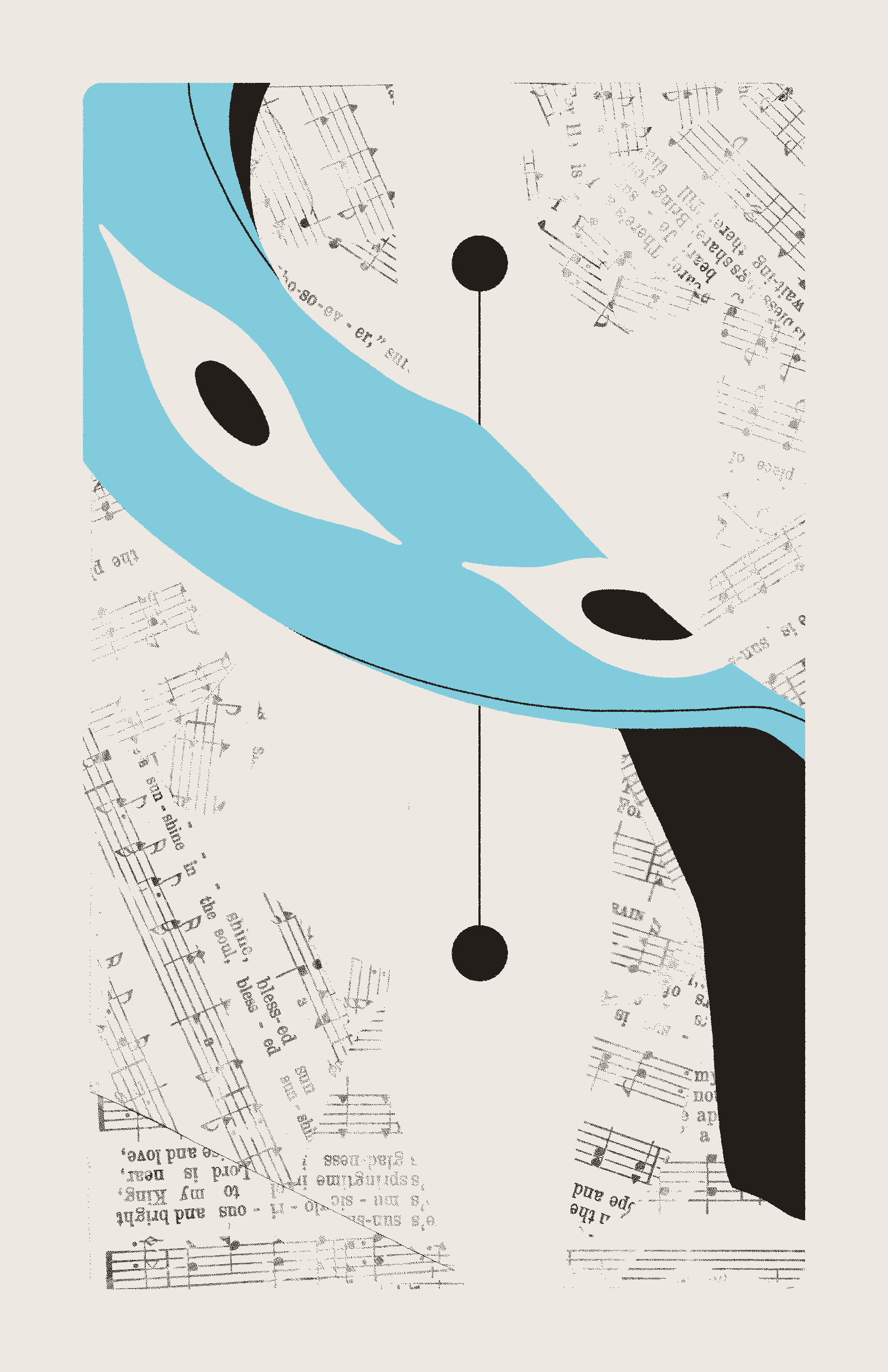 A blue, ribbon-like entity with two eyes flows between two connected black circles. The background is filled with collaged sheet music.