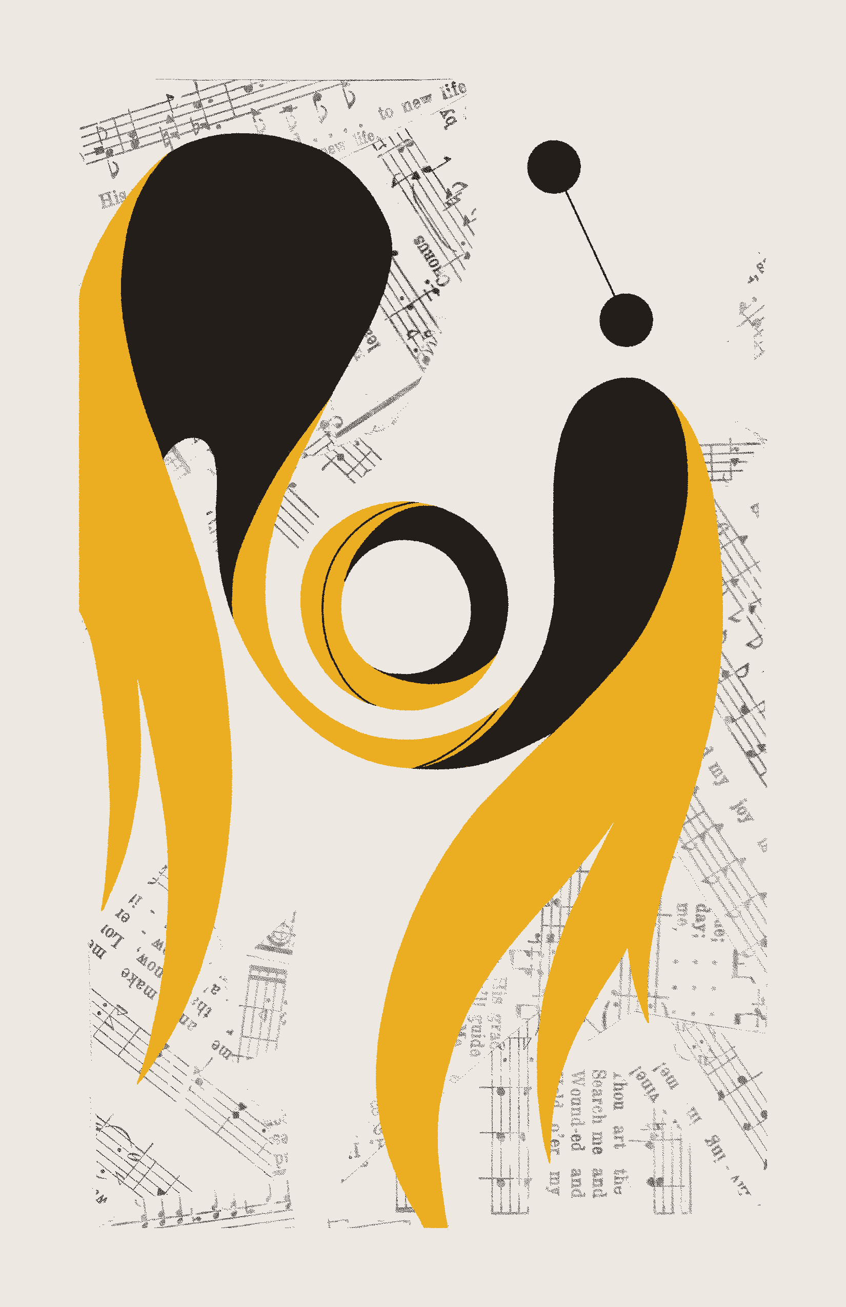 A yellow ring upheld by two wings floats upward toward two connected black circles. The background is filled with collaged sheet music.