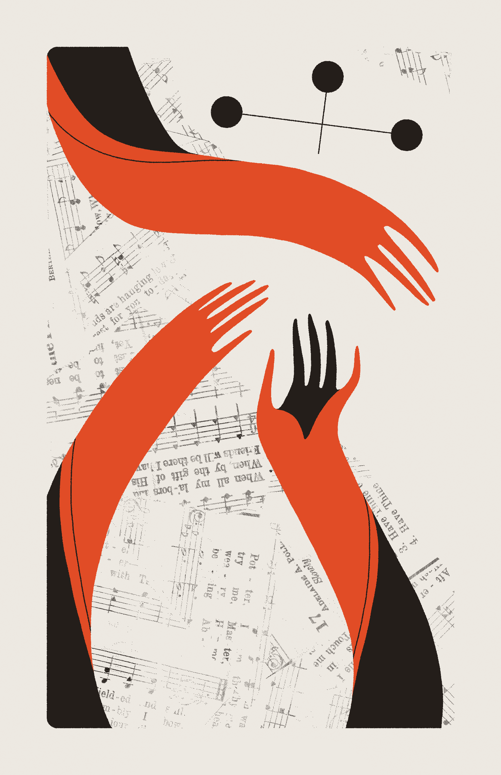 Two red hands reach upward toward three connected black circles, but are blocked by a third red hand. The background is filled with collaged sheet music.