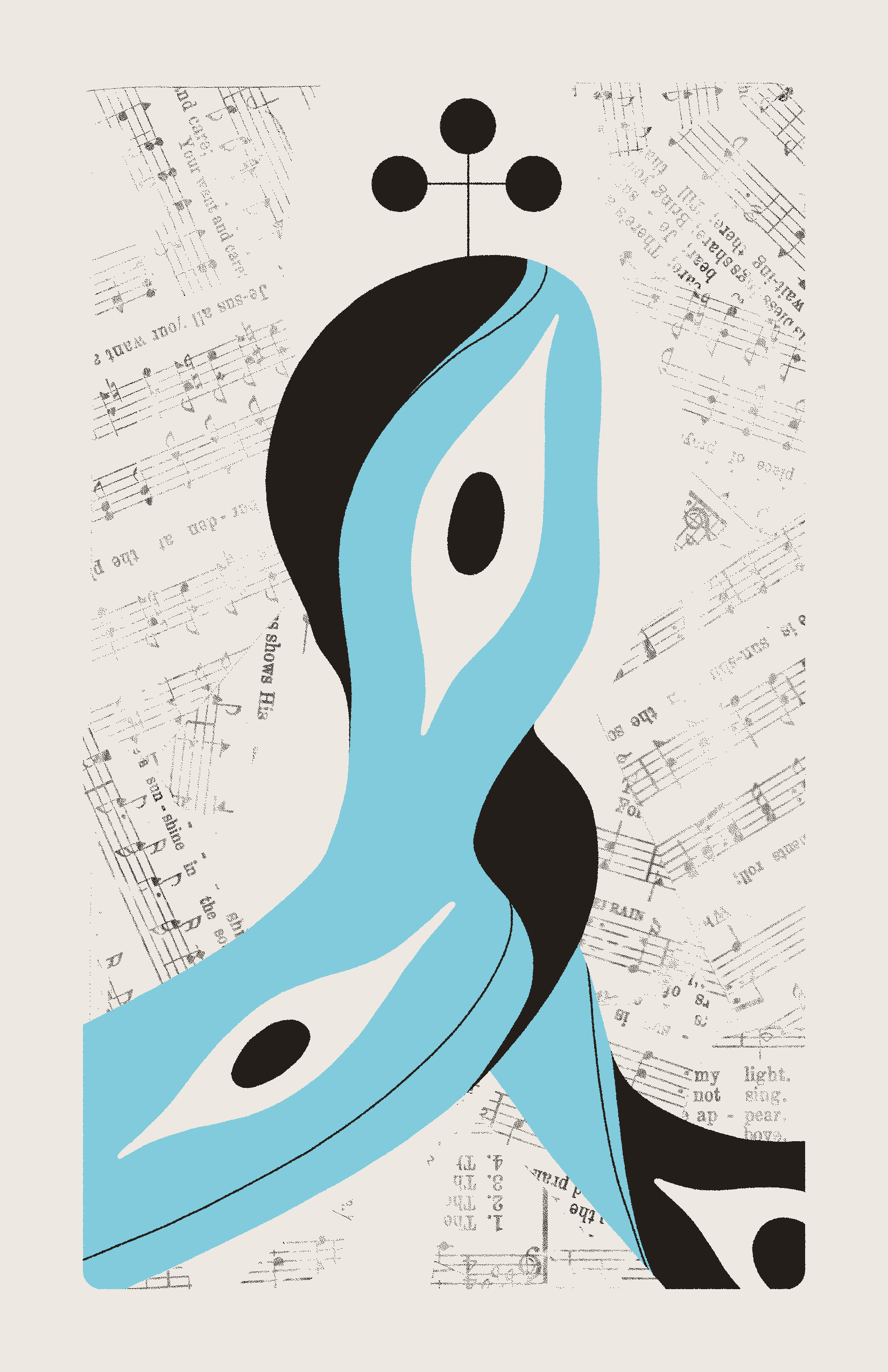 A blue, ribbon-like entity with three eyes swirls through the composition in a portrait-like shape. Three connected black circles emerge from behind it. The background is filled with collaged sheet music.