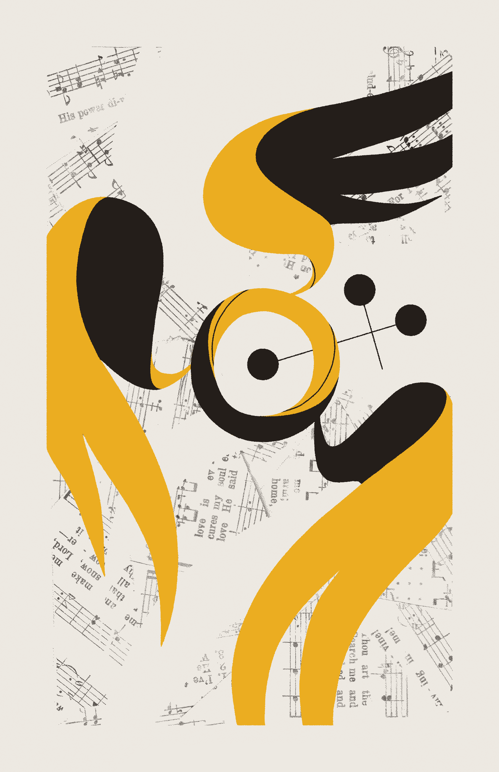 A yellow, ring-like entity with three wings carries three connected, black circles. The background is filled with collaged sheet music.