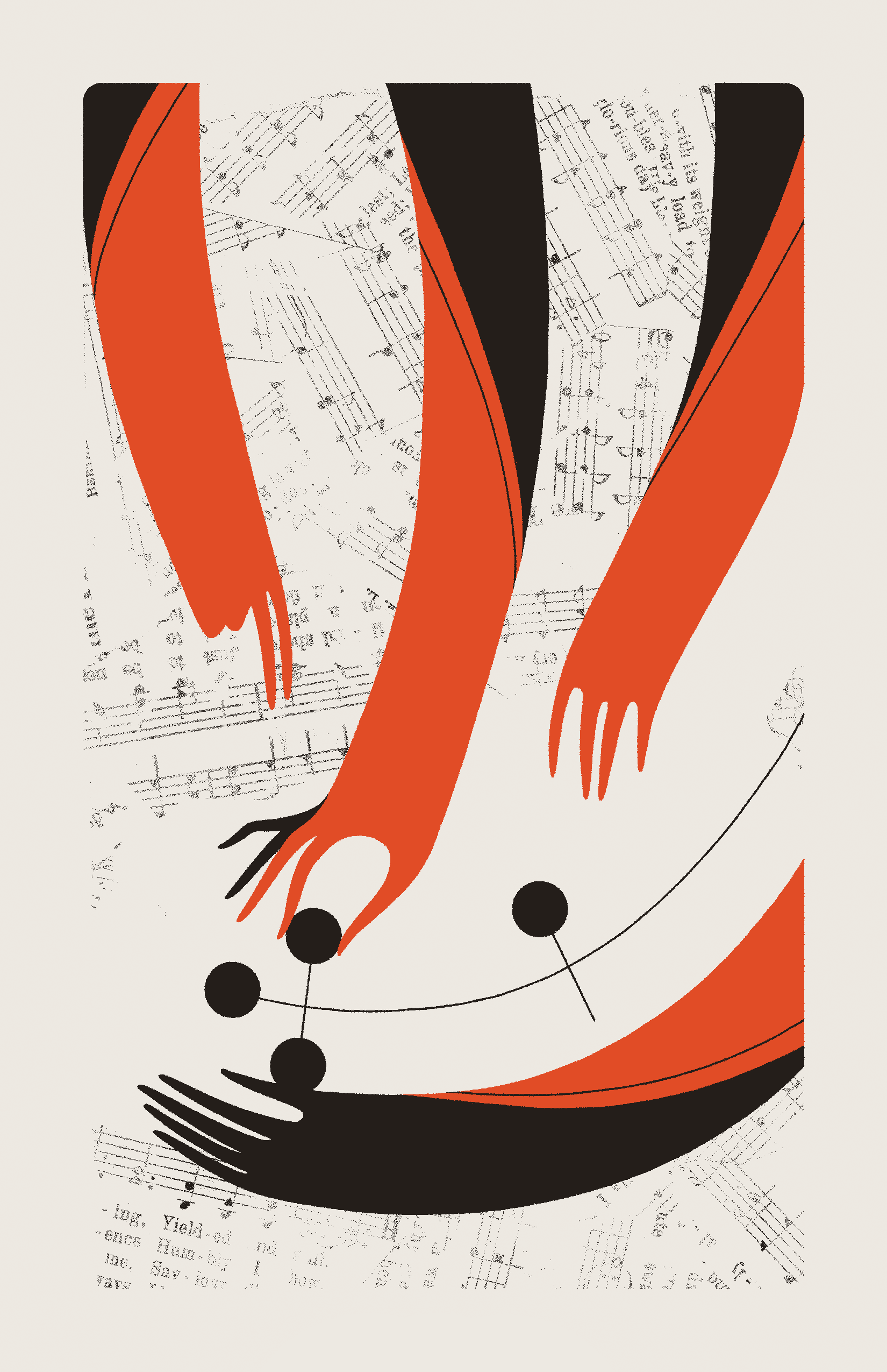 Three red hands reach down to touch four connected black circles which are cradled by a fourth hand. The background is filled with collaged sheet music.