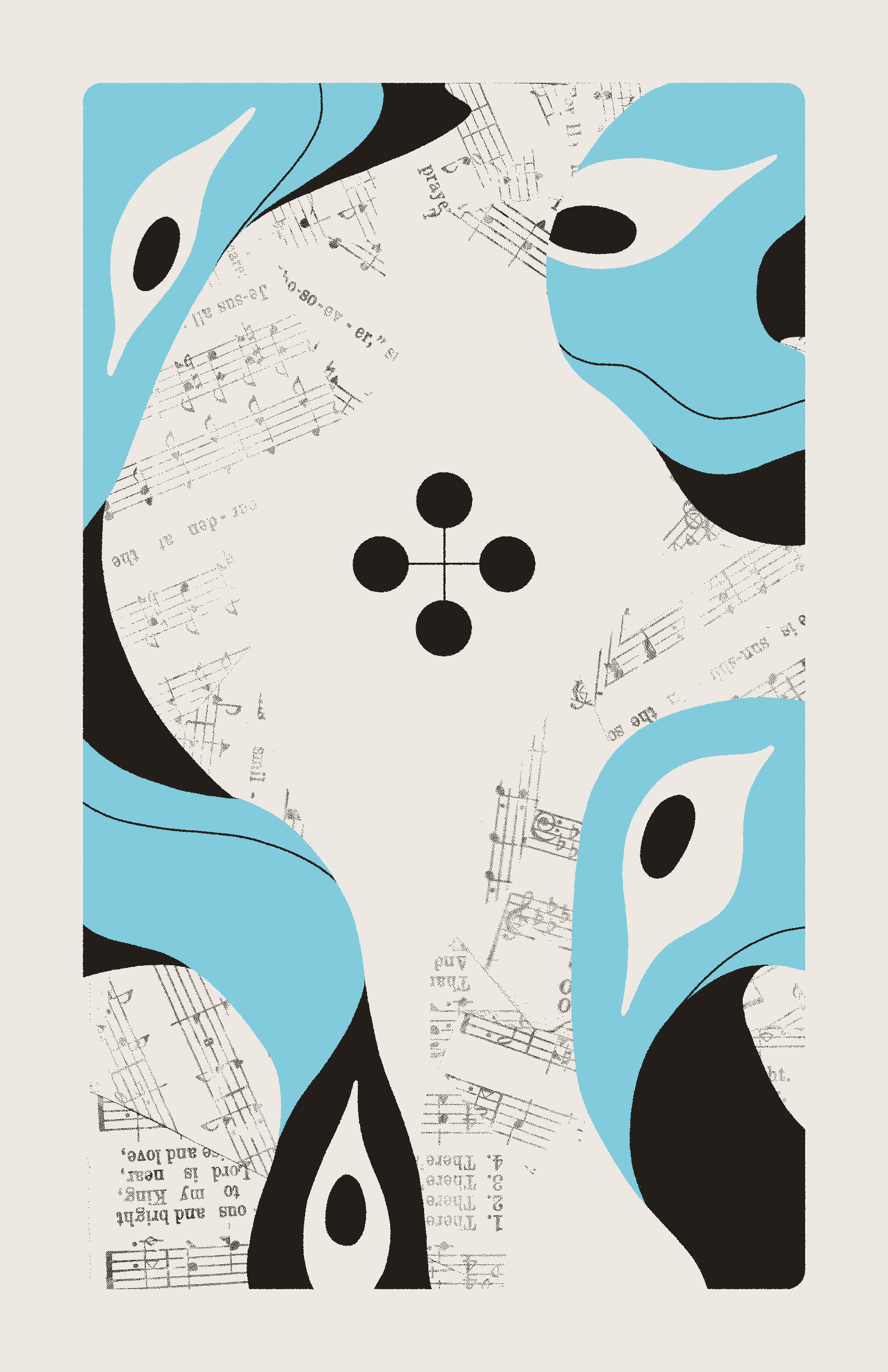 A blue, four-eyed, ribbon-like entity ripples and surrounds four connected black circles. The background is filled with collaged sheet music.