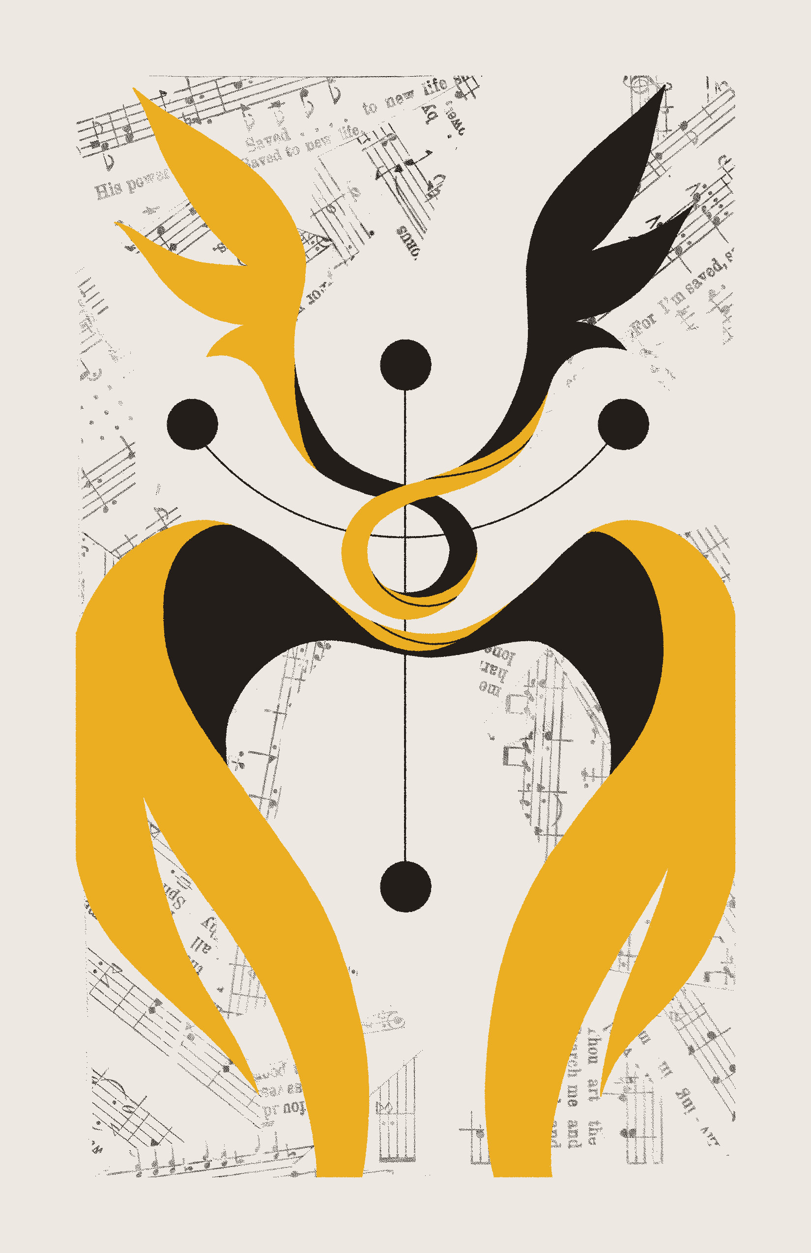 A yellow, winged entity twists and flies in front of four connected black circles. The background is filled with collaged sheet music.