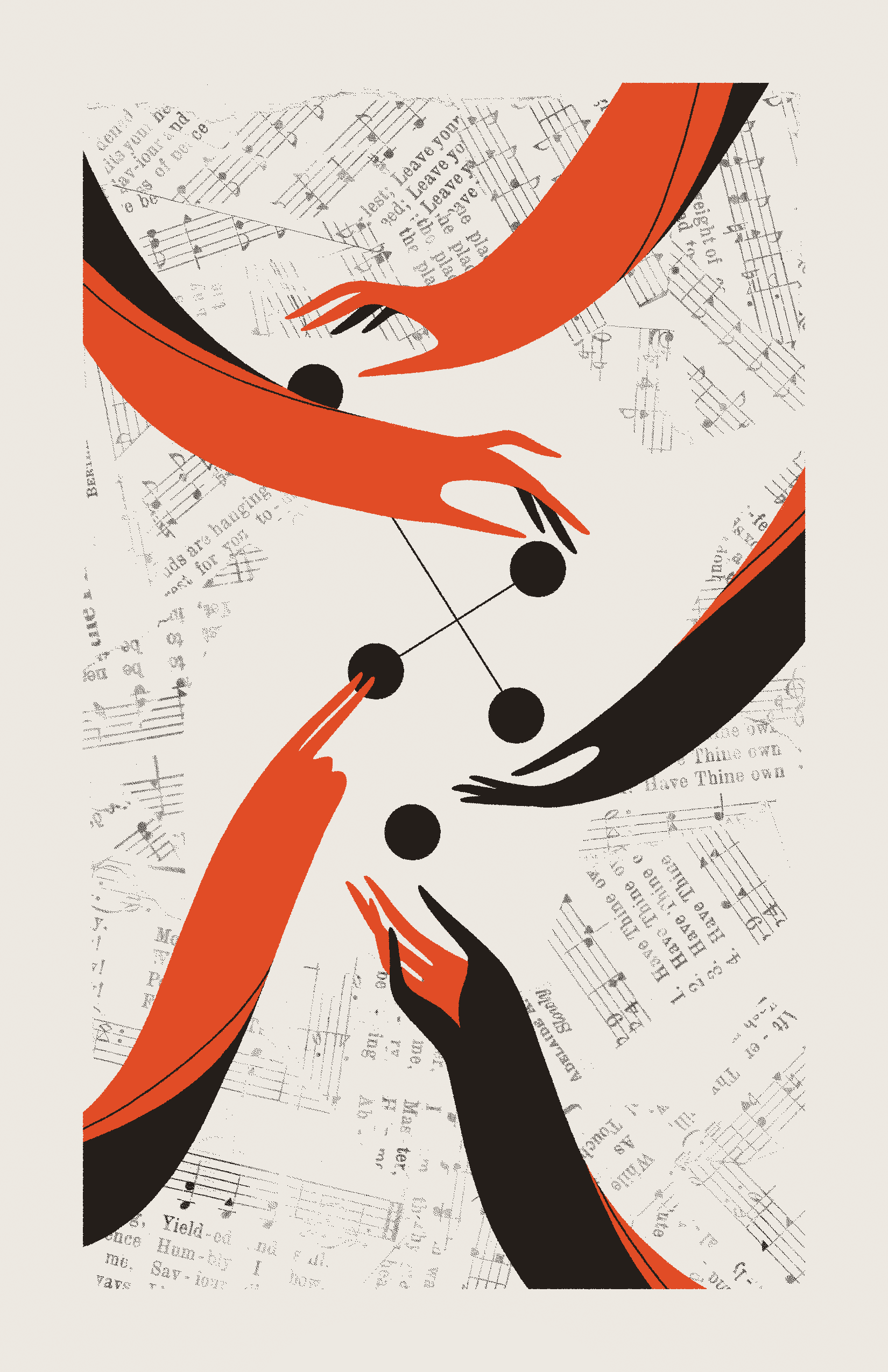 Five red hands manipulate four connected black circles alongside a fifth disconnected black circle. The background is filled with collaged sheet music.