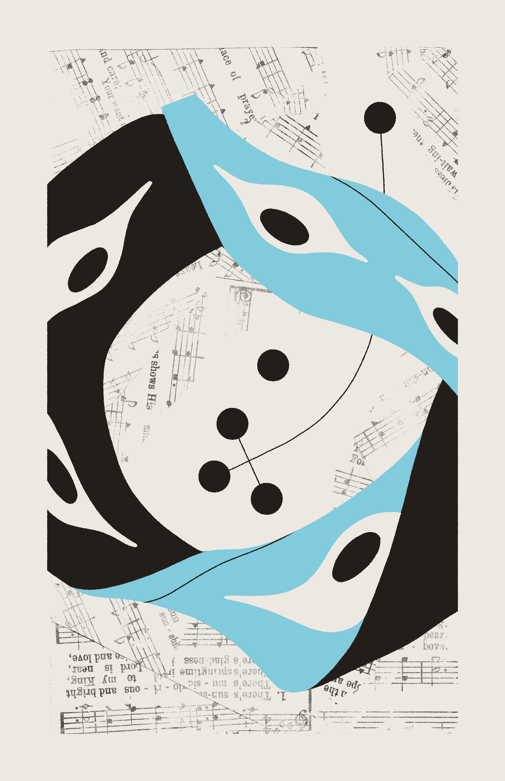 A blue, ribbon-like entity with five eyes encircles four connected black circles alongside a fifth disconnected black circle. The background is filled with collaged sheet music.