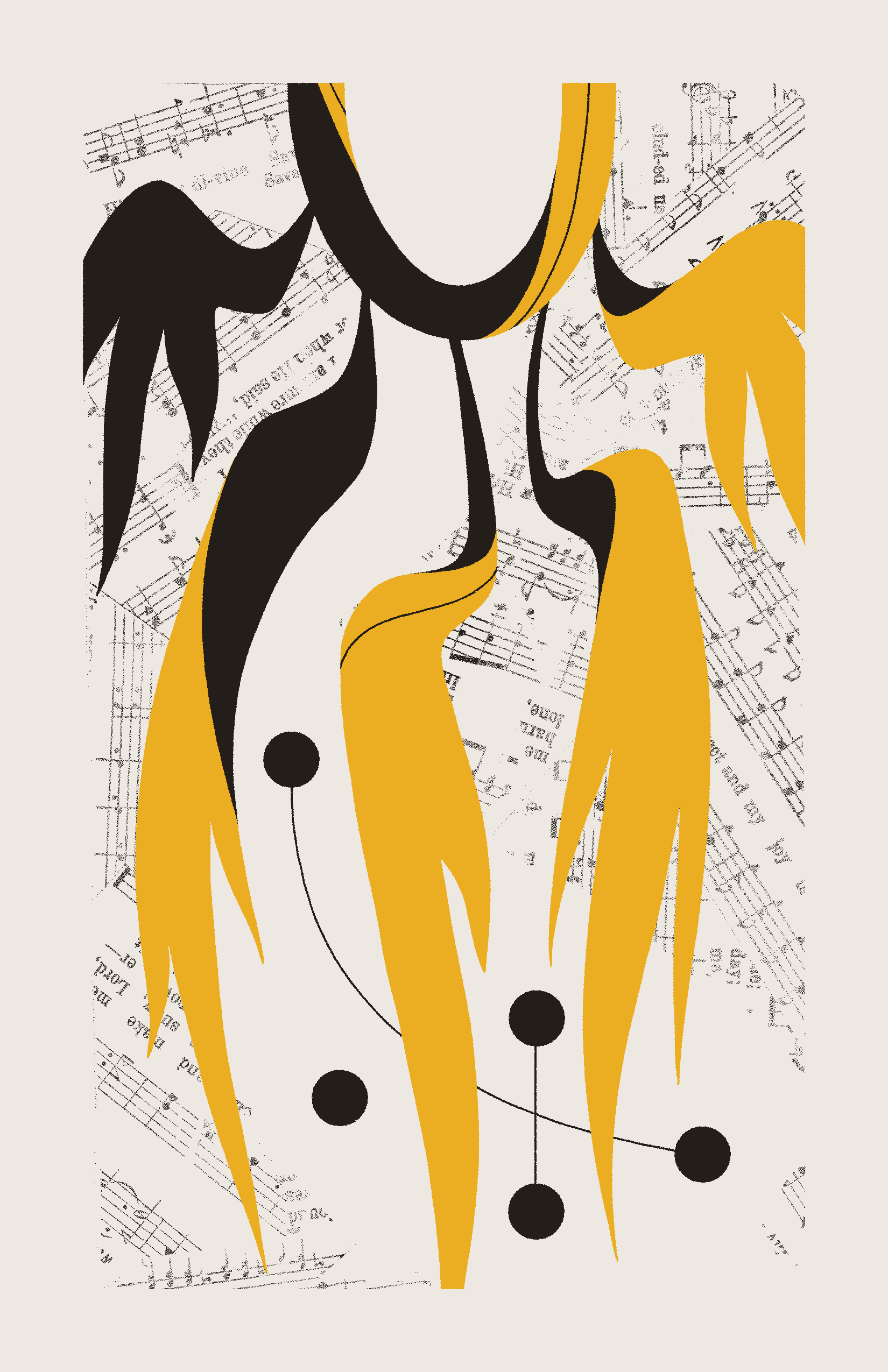 A yellow, ring-like entity with five wings darts away from four connected black circles alongside a fifth disconnected black circle. The background is filled with collaged sheet music.