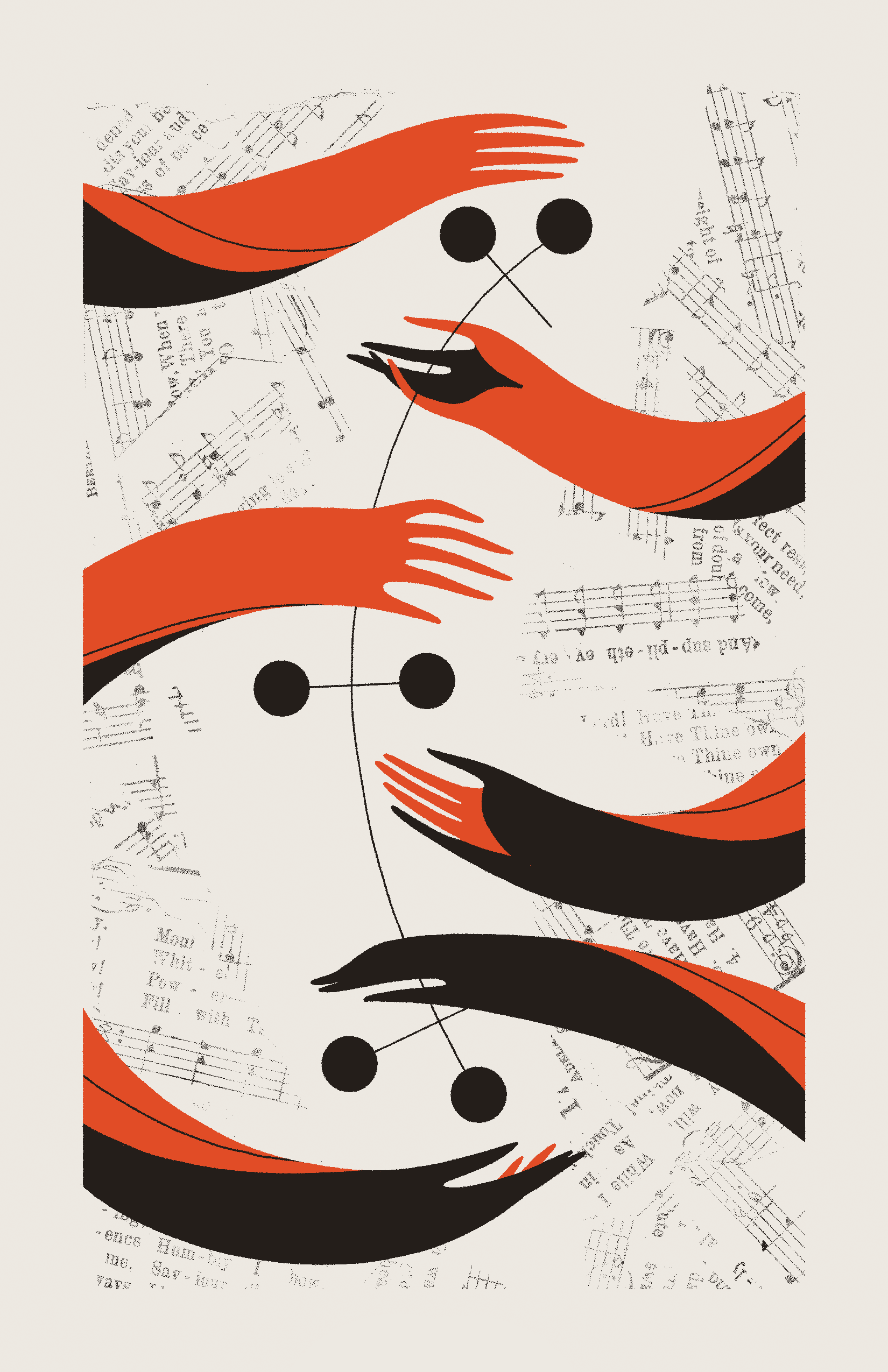 Six red hands work together to manipulate six connected black circles. The background is filled with collaged sheet music.