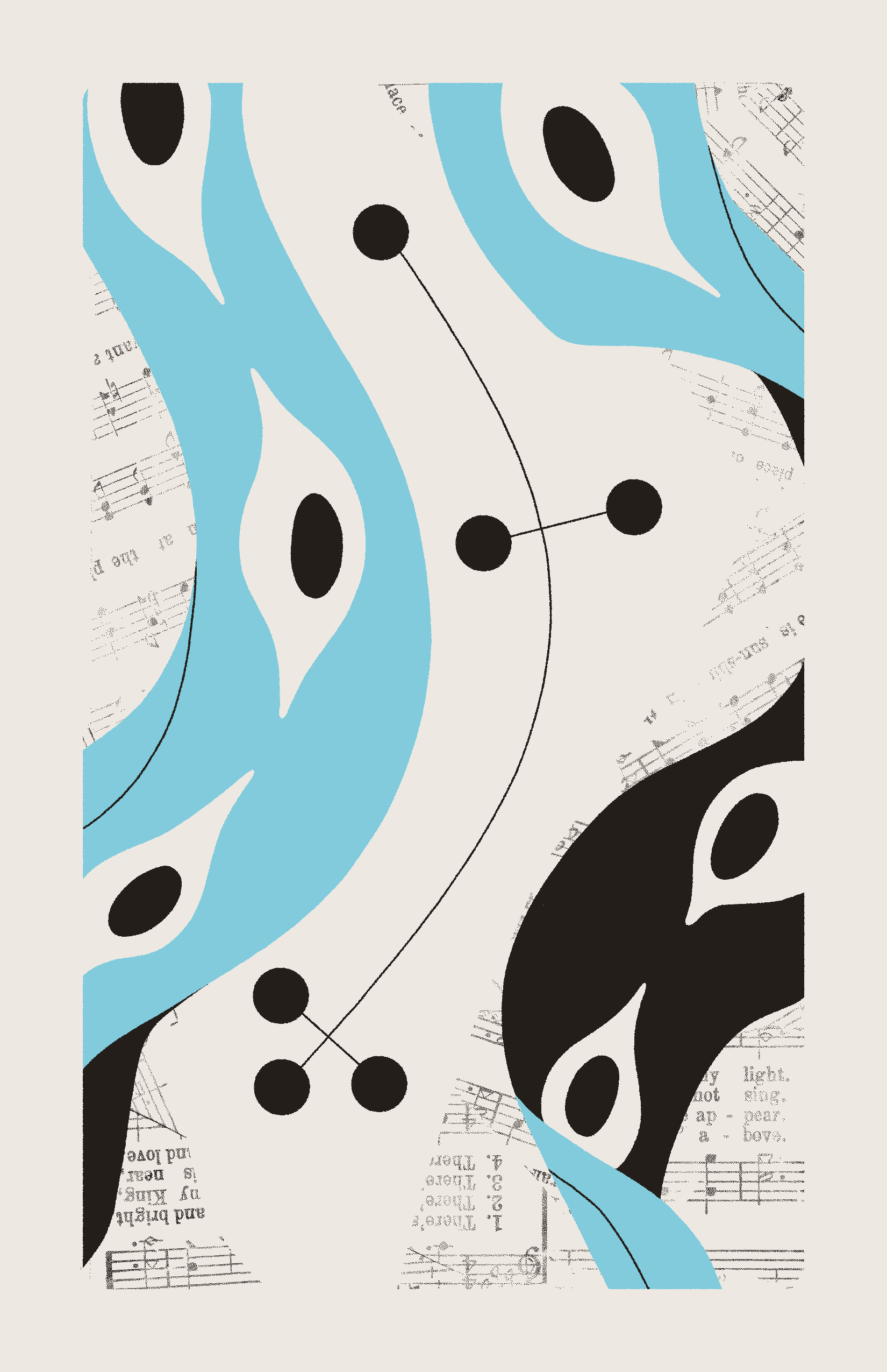 A blue, ribbon-like entity winds up and down the sides of six connected black circles, inspecting carefully with six eyes. The background is filled with collaged sheet music.