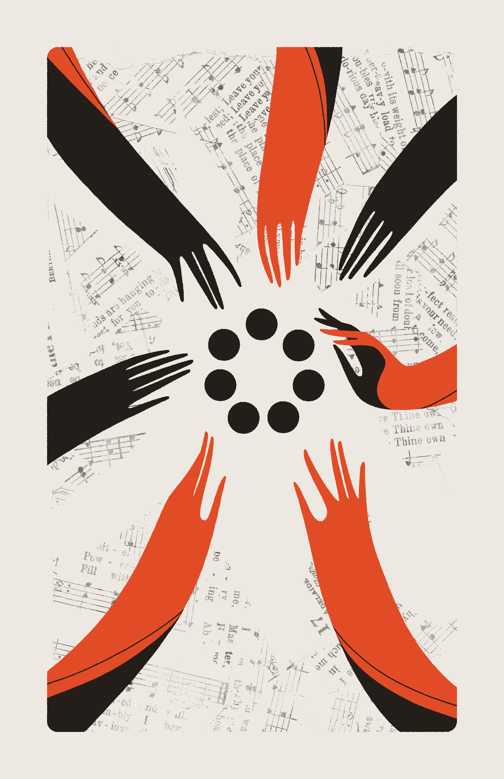 Seven red hands reach inward toward seven unconnected black circles. The background is filled with collaged sheet music.