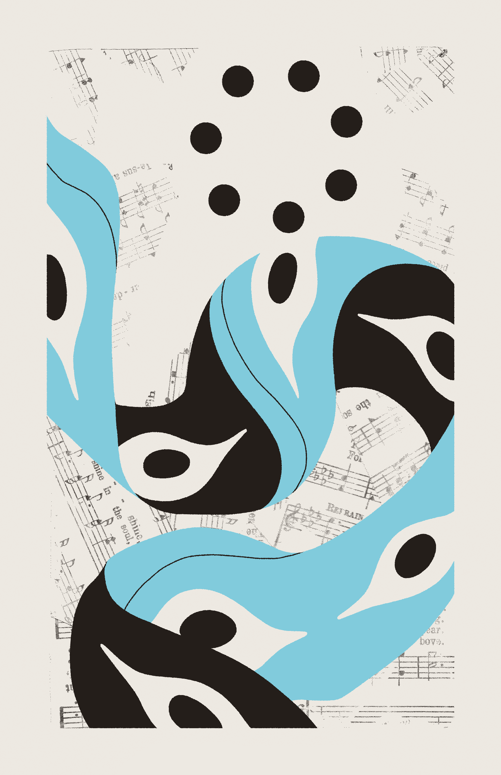 A blue, ribbon-like entity with seven eyes swirls beneath seven unconnected black circles. The background is filled with collaged sheet music.