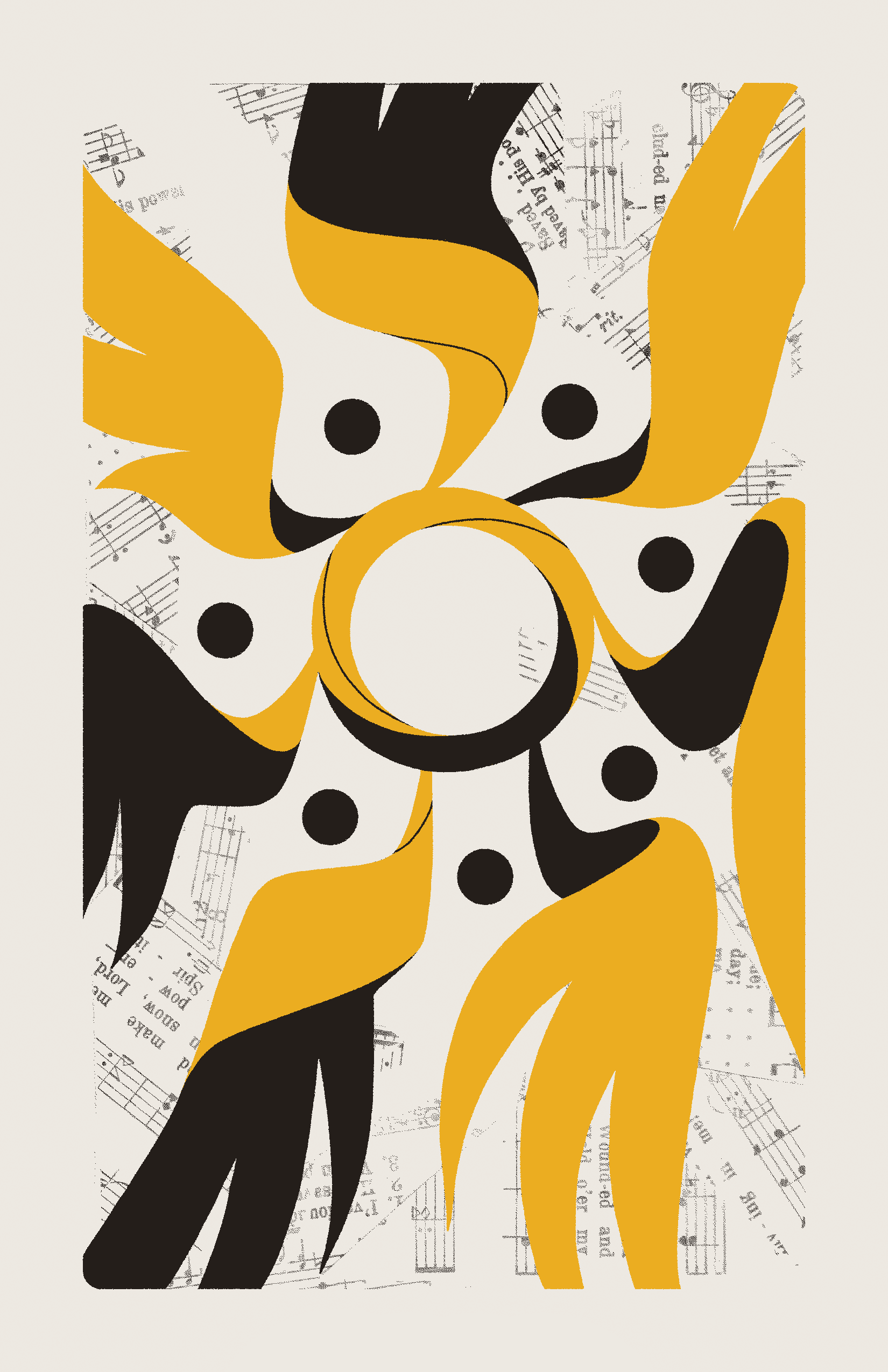 A yellow, ring-like entity with seven wings carries seven unconnected black circles, one between each wing. The background is filled with collaged sheet music.