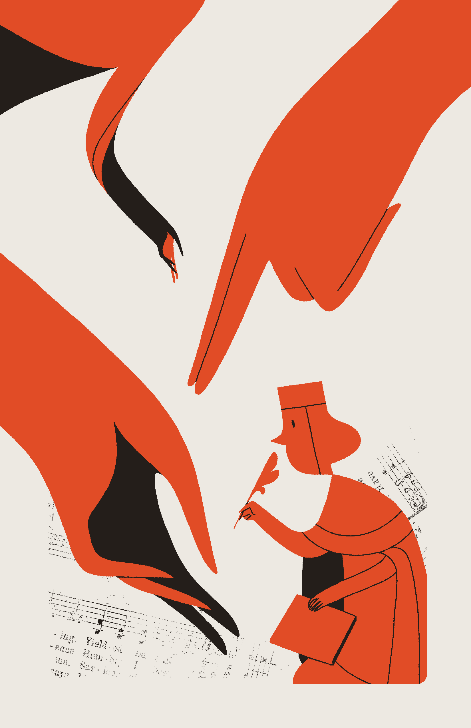 A red figure carrying a quill and book studies three large, gesturing hands.