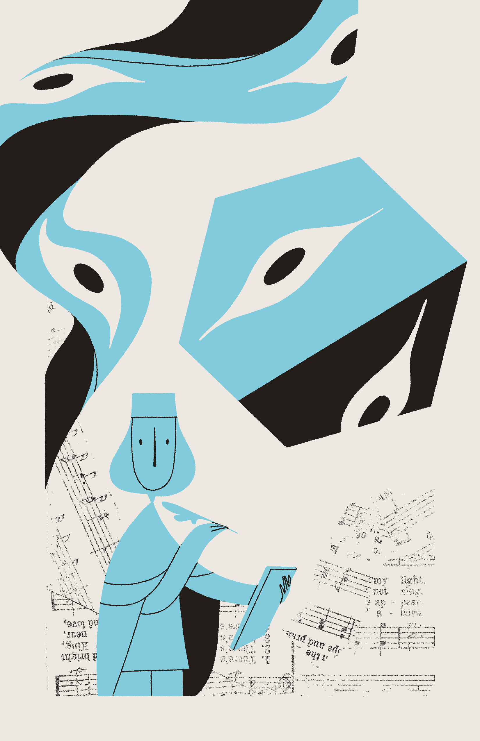 A blue figure carrying a quill and book looks toward the viewer. Behind them are a ribbon-like entity and a geometric entity, both with multiple eyes.