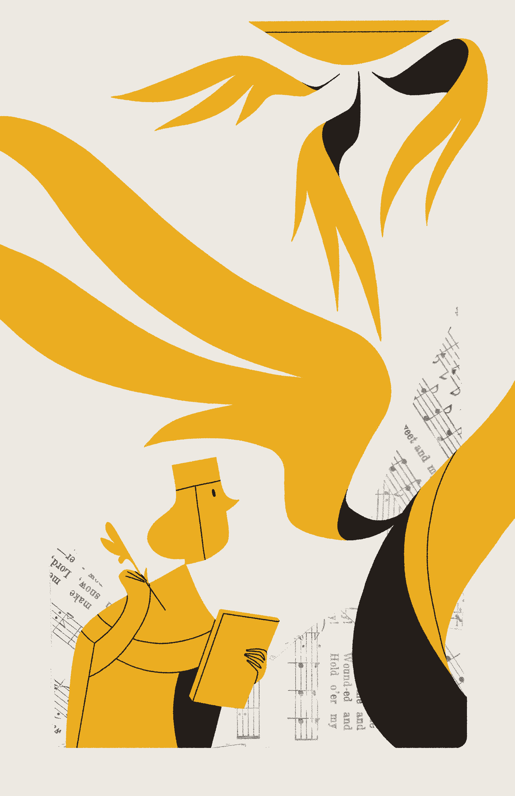 A yellow figure carrying a quill and book carefully examines one of two winged entities.