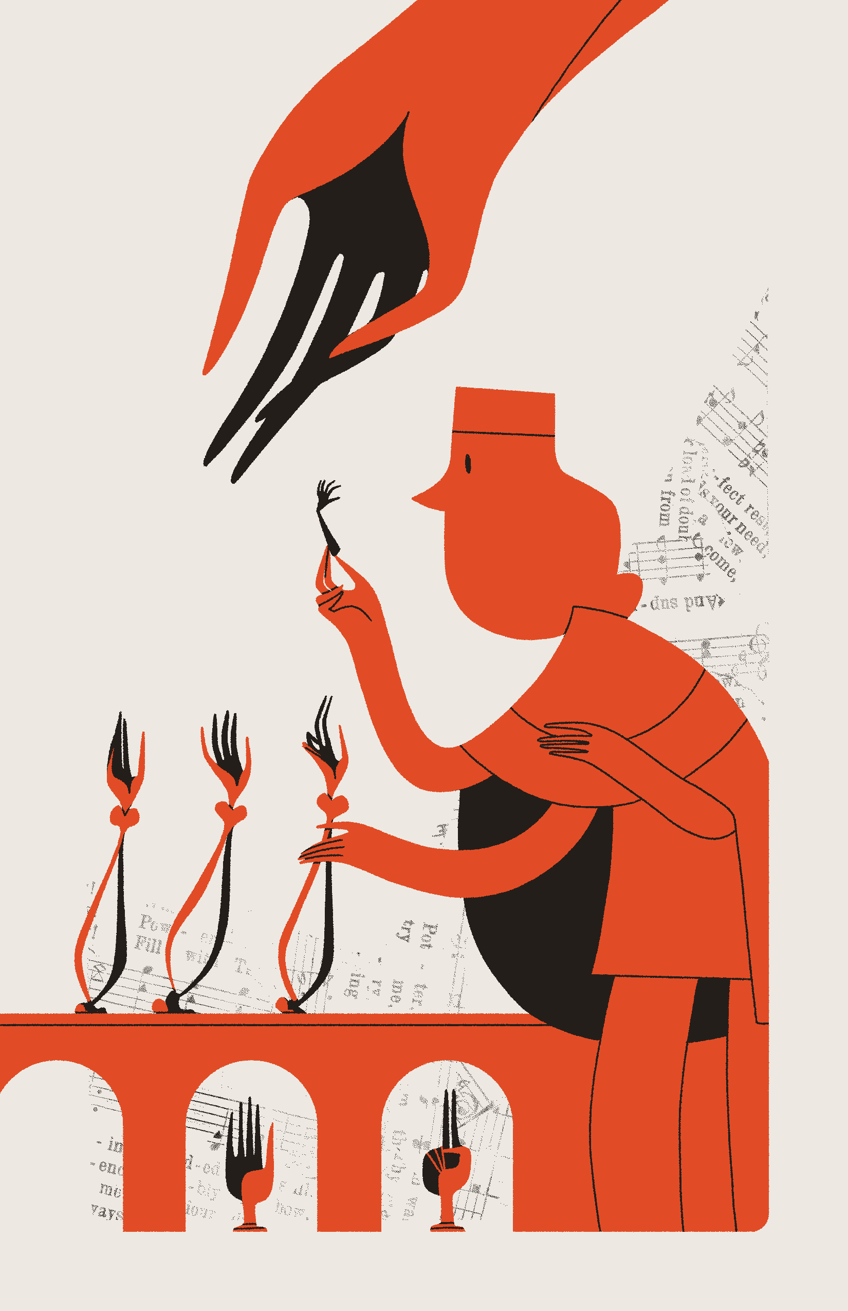 A red figure with three arms examines a small prosthetic hand. An array of hands and arms line the background, and a massive hand gestures from above.