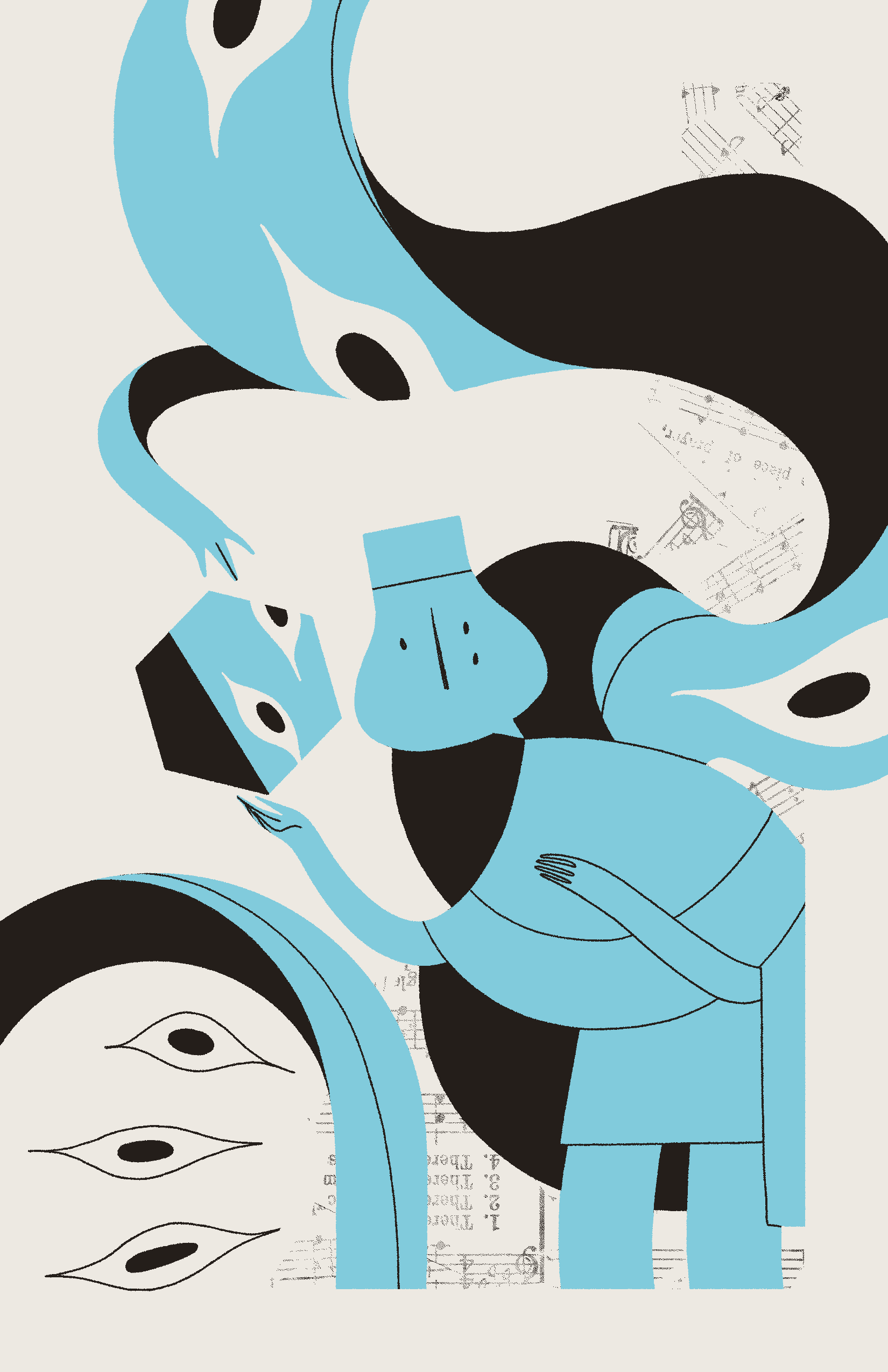 A blue figure with three eyes examines a geometric shape covered in eyes. Behind them, a many-eyed ribbon-like entity and an archway with several eyes observe.