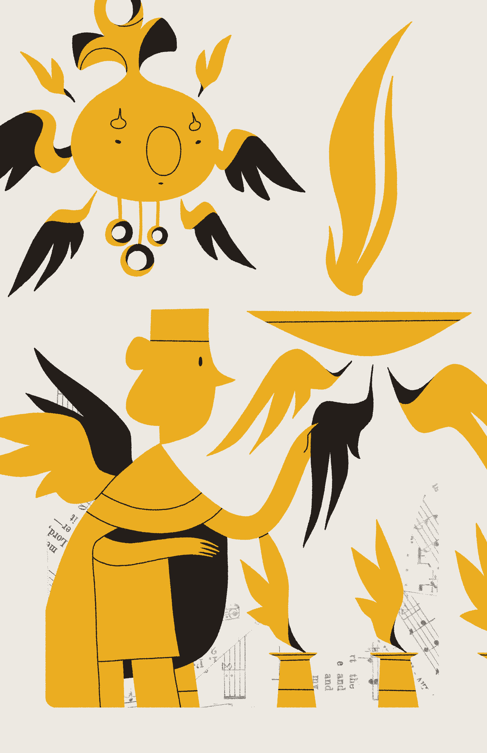 A yellow, winged figure examines the wings of a bowl-like angelic figure. Another angel looks on, and there is a line of columns topped with wings in the background.