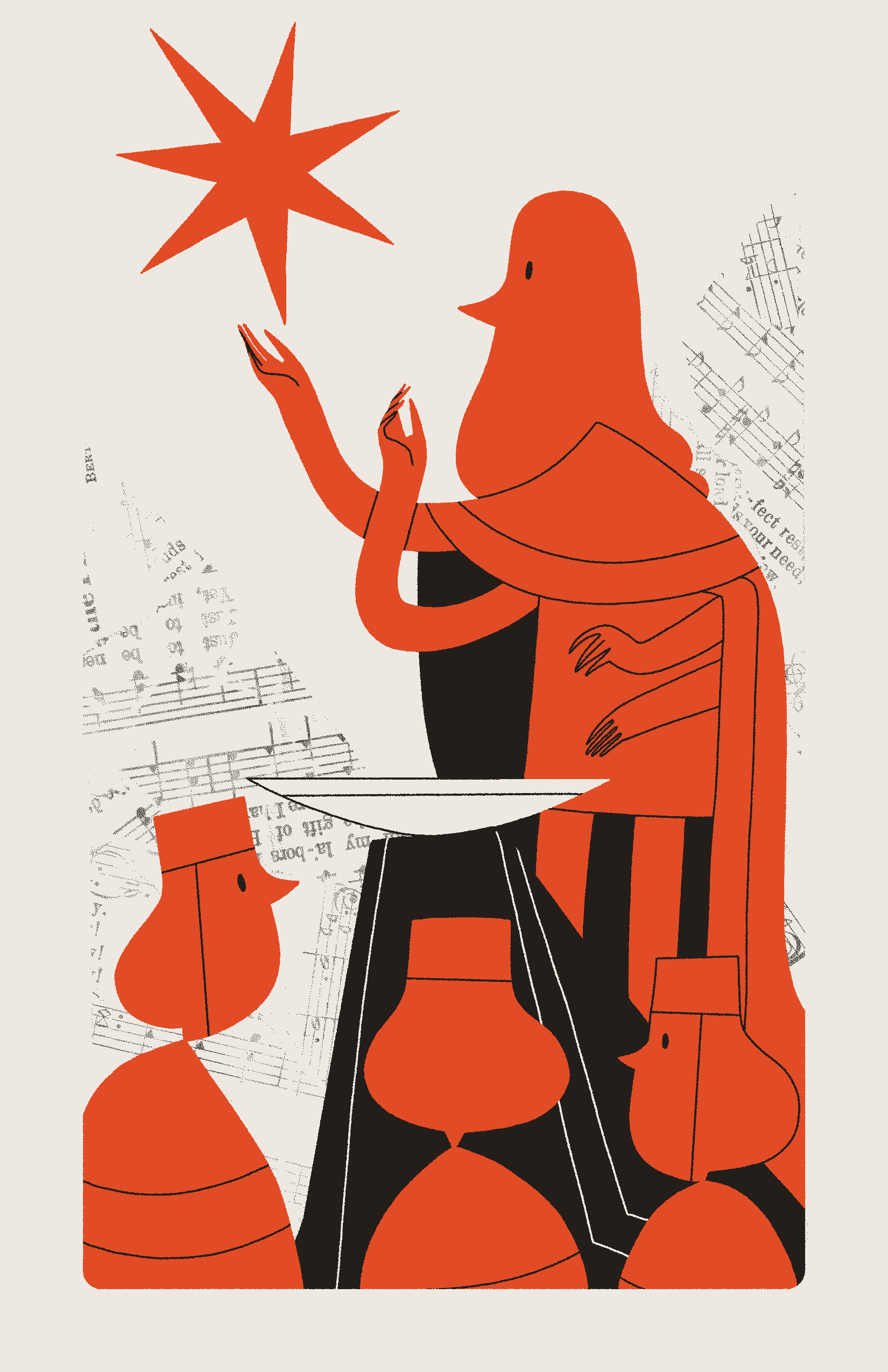 A red, four-armed figure stands at an altar and reaches upward toward a star. Three students gather below and observe.