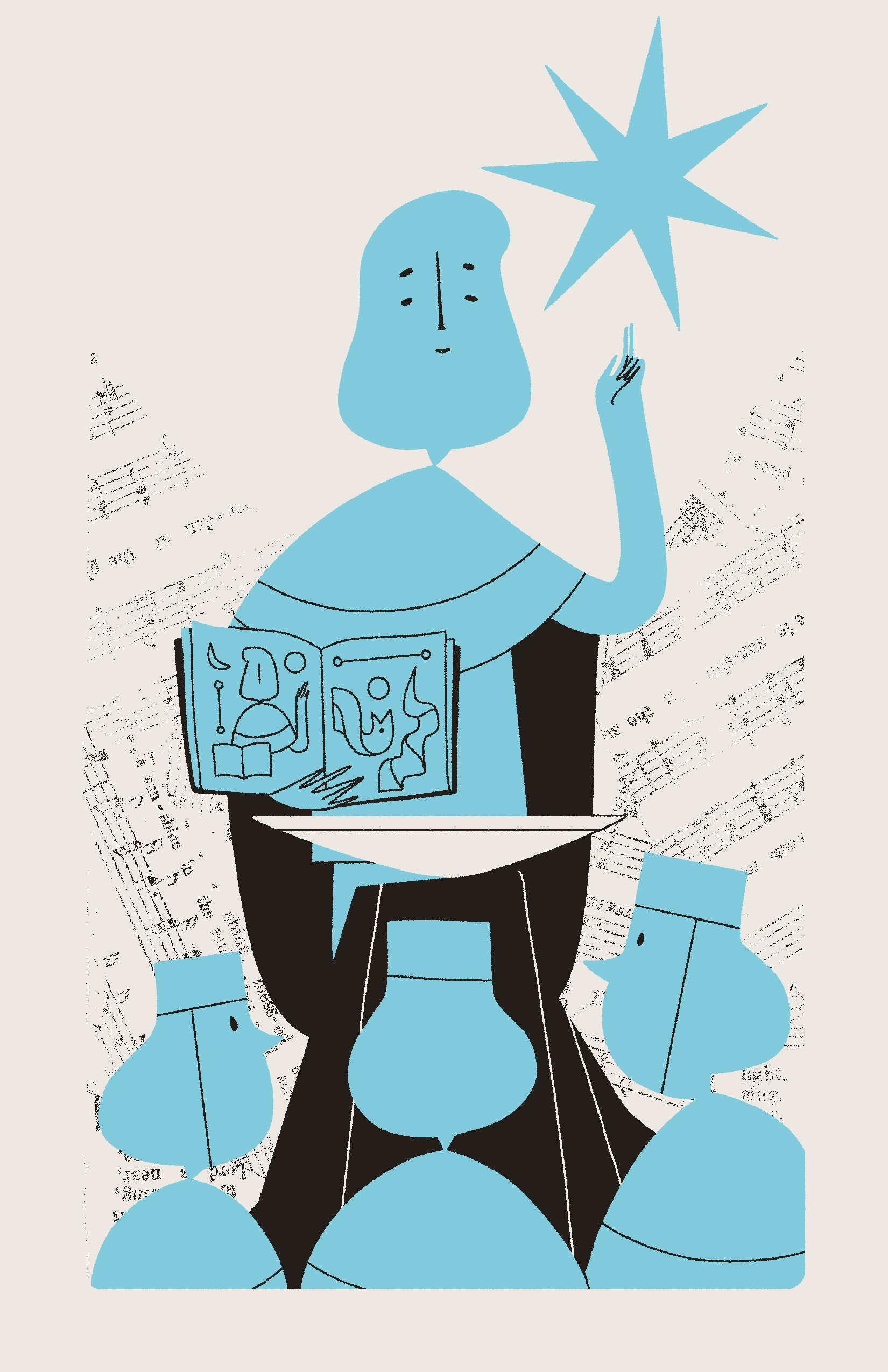 A blue, four-eyed figure stands at an altar, holding a book and gesturing upwards toward a star. Three students gather below and observe.