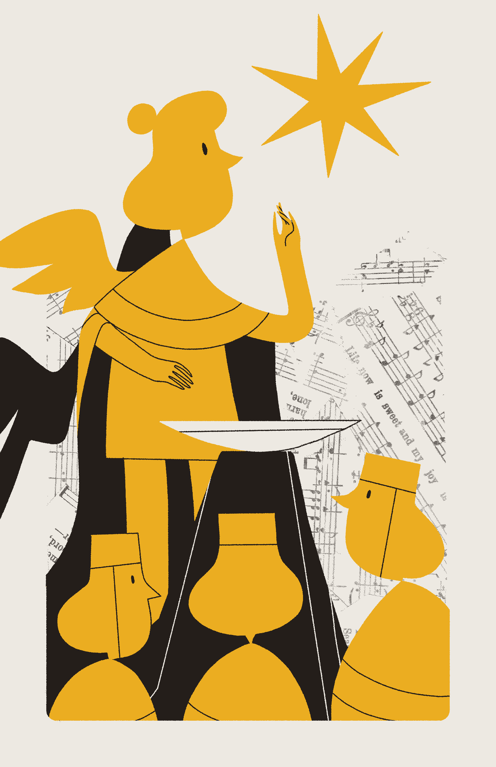 A yellow, winged figure stands at an altar, gesturing toward a star. Three students gather below and observe.